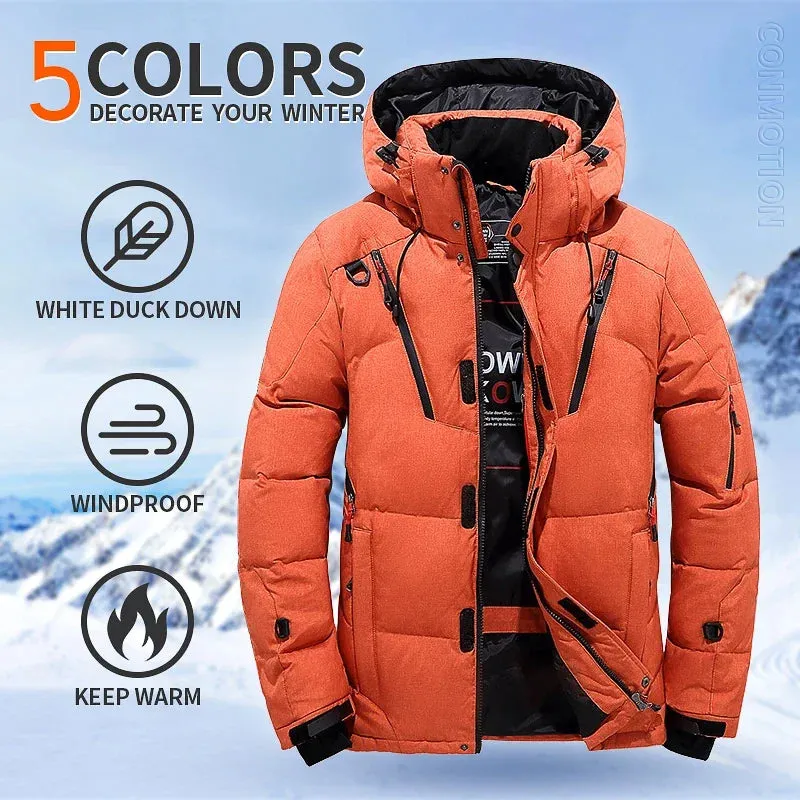 1 - MC - Men's Winter Down Jacket: Thick, windproof duck down coat with hood for warmth