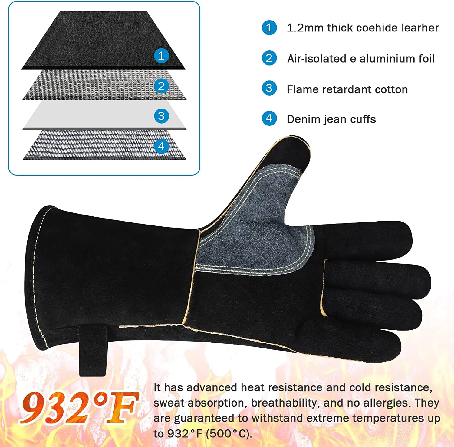 14 Inches Leather Forge Welding Gloves,Heat Resistant Mig Stick Welding For Fireplace Grill Oven Baking Furnace Wood Stove