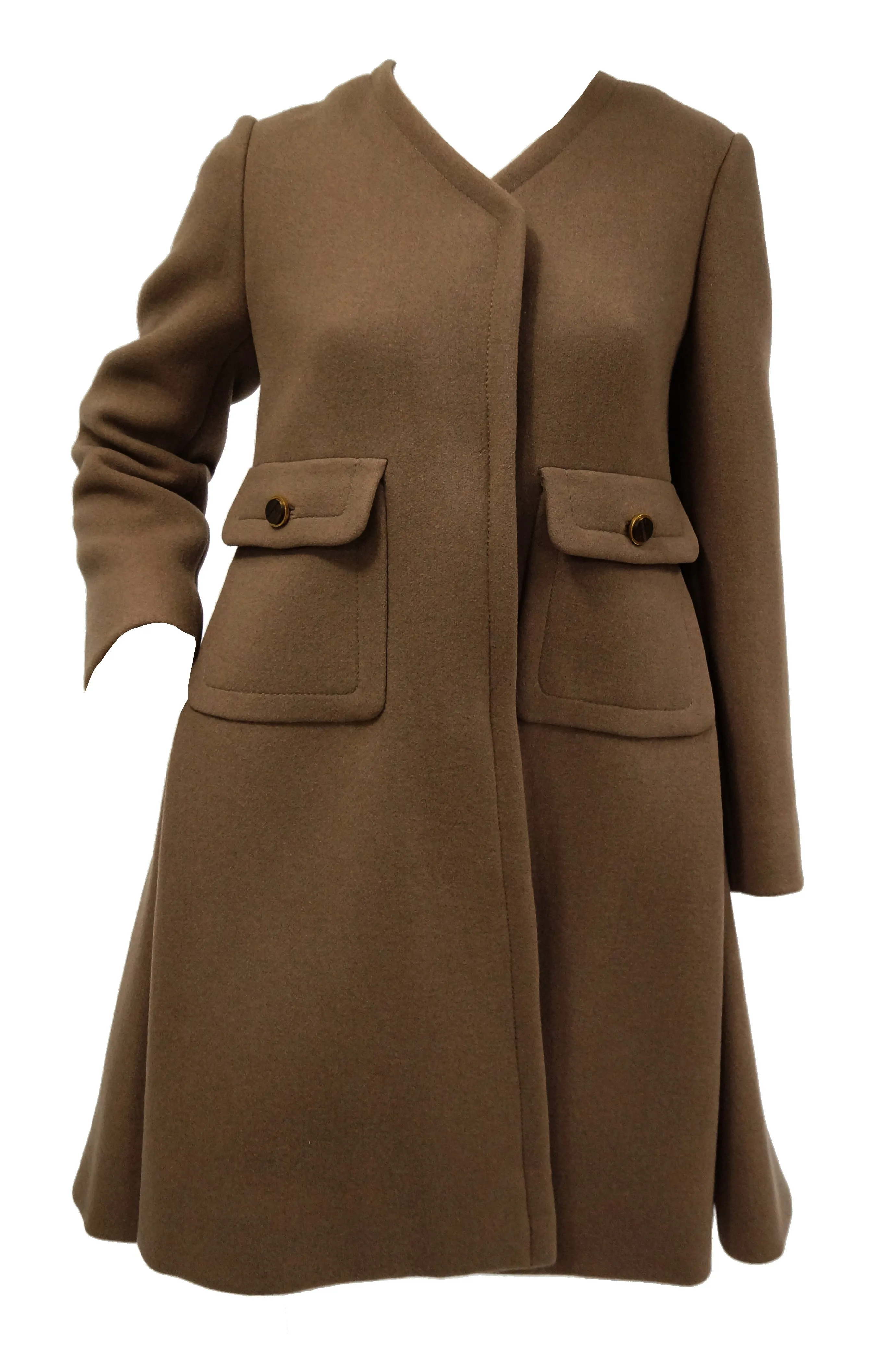 1970s Galanos Brown Wool Coat with Pleat Detail and Wooden Buttons