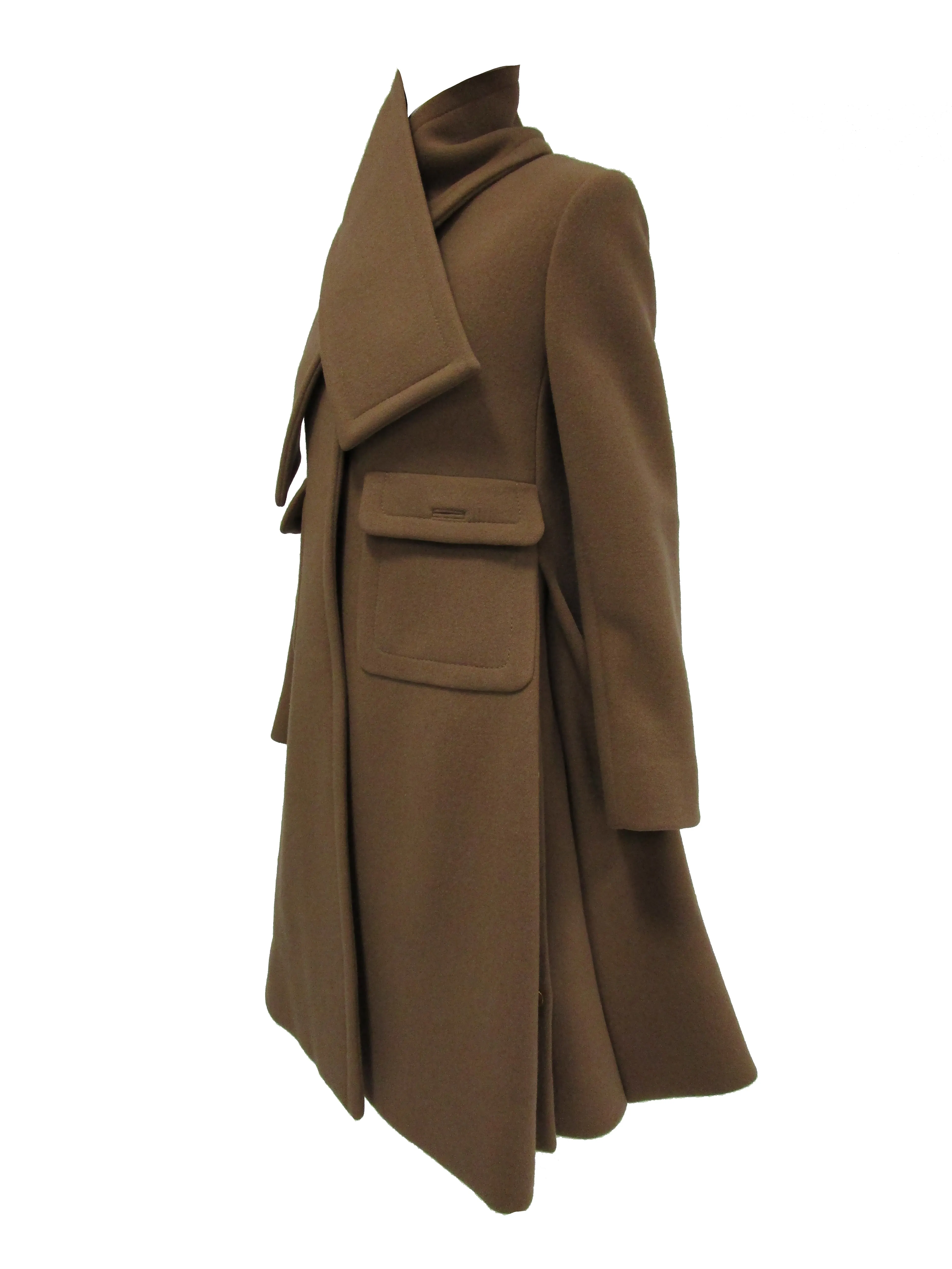 1970s Galanos Brown Wool Coat with Pleat Detail and Wooden Buttons