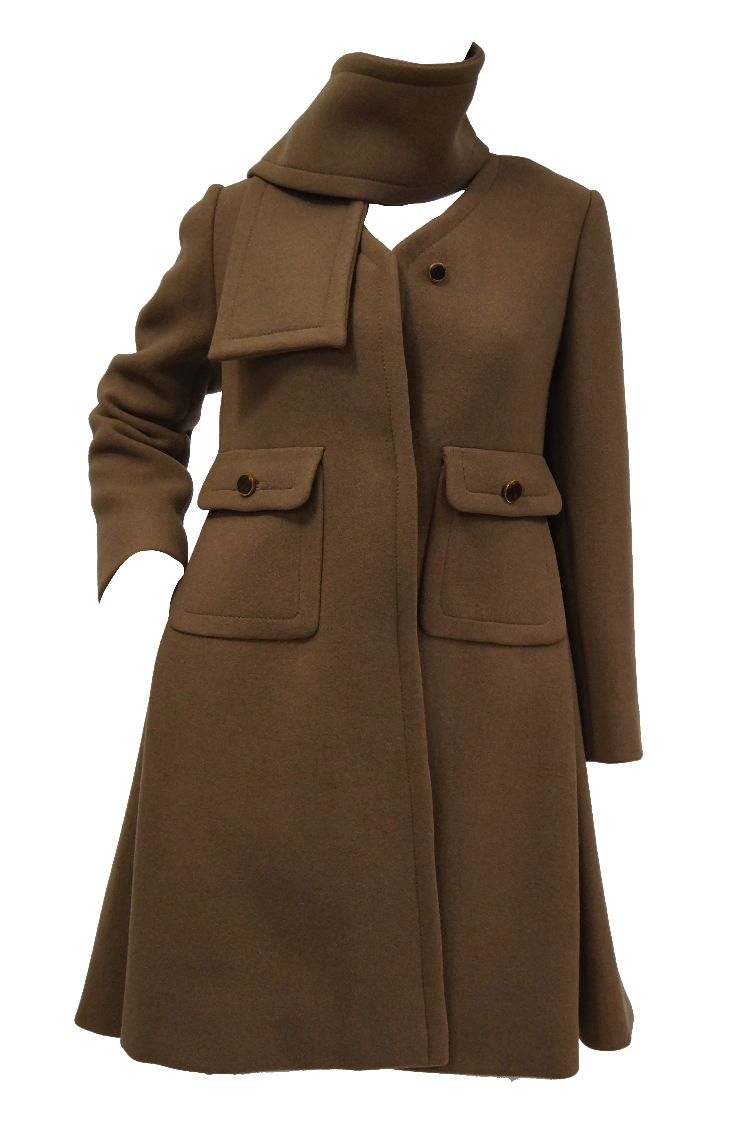 1970s Galanos Brown Wool Coat with Pleat Detail and Wooden Buttons