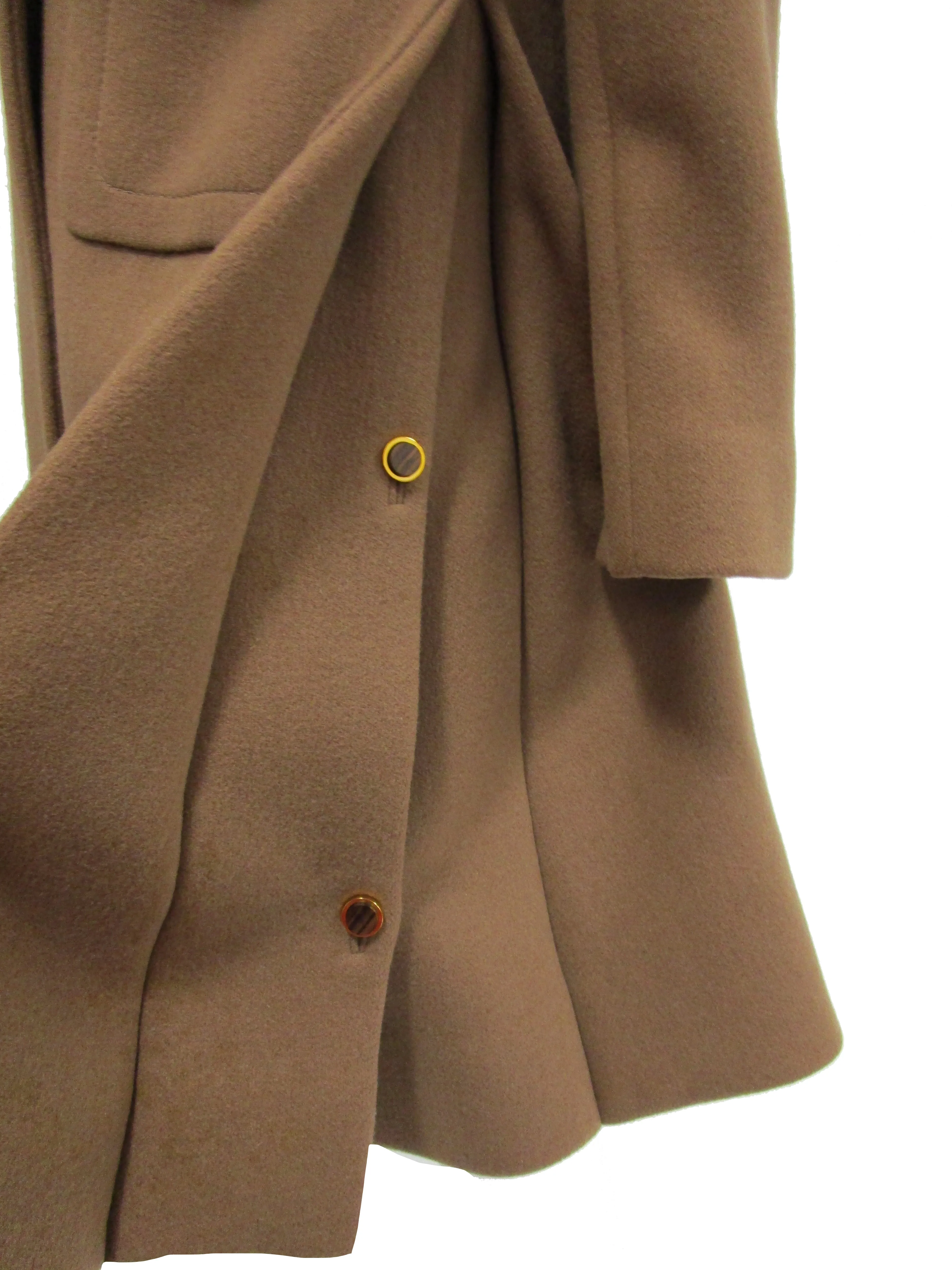 1970s Galanos Brown Wool Coat with Pleat Detail and Wooden Buttons