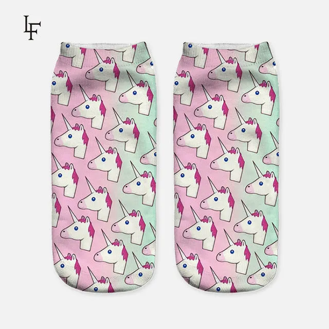 2017 Harajuku 3D Print Unicorn Socks Women Kawaii Ankle Licorne Chaussette Femme Calcetines Mujer Cute  Emoji Art Socks ws66