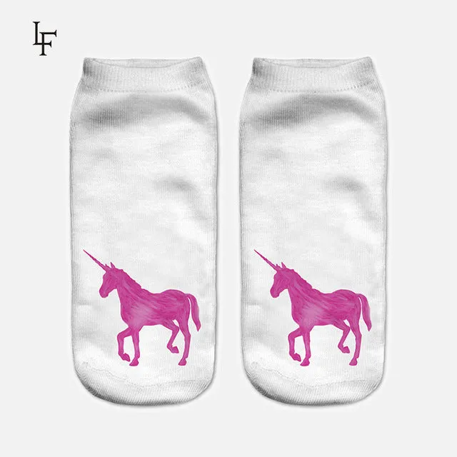 2017 Harajuku 3D Print Unicorn Socks Women Kawaii Ankle Licorne Chaussette Femme Calcetines Mujer Cute  Emoji Art Socks ws66