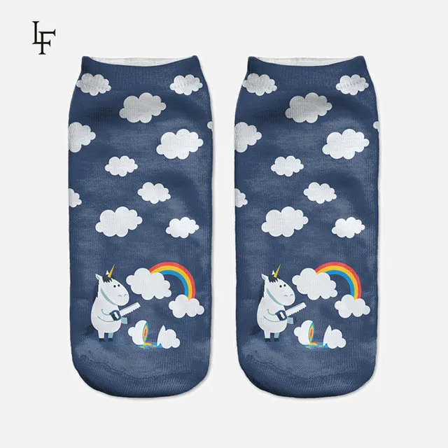 2017 Harajuku 3D Print Unicorn Socks Women Kawaii Ankle Licorne Chaussette Femme Calcetines Mujer Cute  Emoji Art Socks ws66