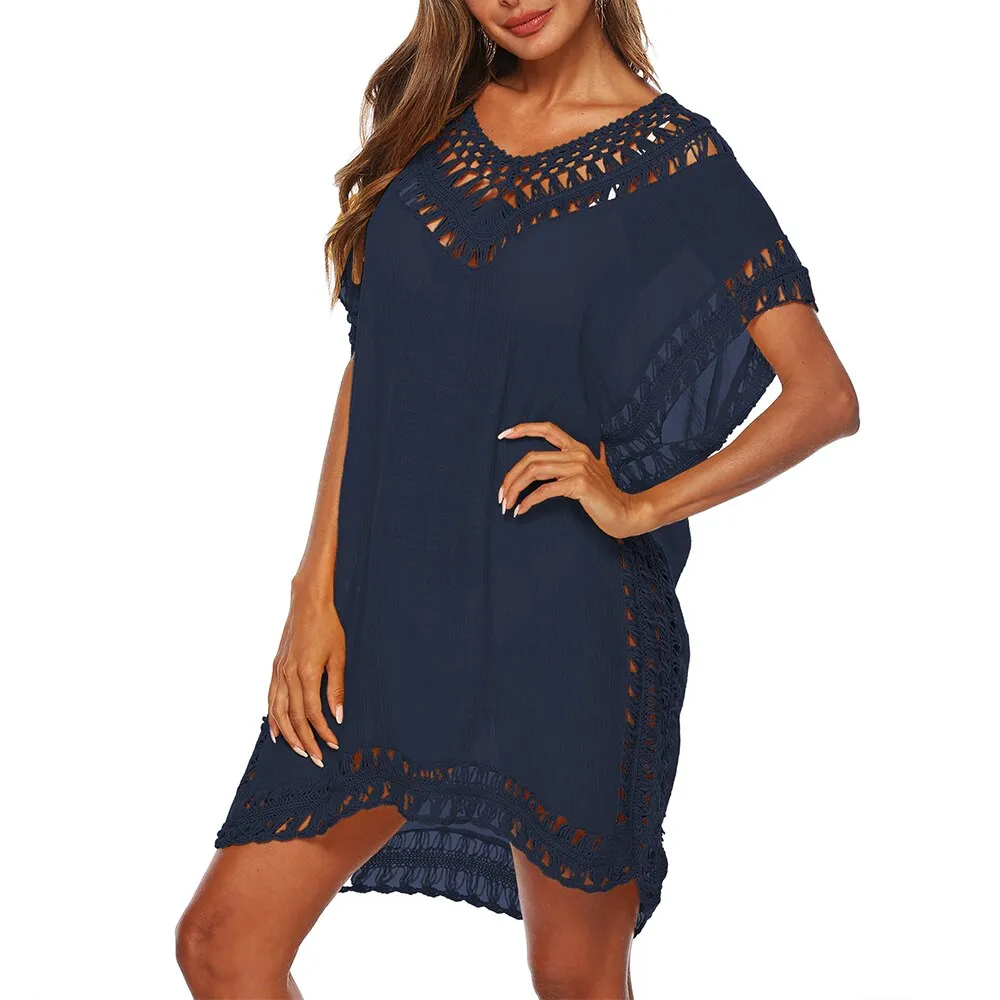 2020 Sexy Crochet Knitted Beach Cover up Tassel Tie Beachwear Tunic Long Pareos Summer Swimsuit See-through Beach Dress Bikini