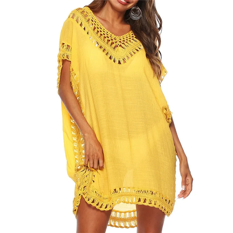 2020 Sexy Crochet Knitted Beach Cover up Tassel Tie Beachwear Tunic Long Pareos Summer Swimsuit See-through Beach Dress Bikini