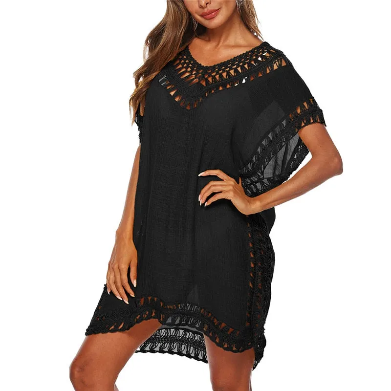 2020 Sexy Crochet Knitted Beach Cover up Tassel Tie Beachwear Tunic Long Pareos Summer Swimsuit See-through Beach Dress Bikini