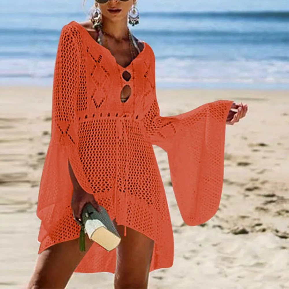 2020 Sexy Crochet Knitted Beach Cover up Tassel Tie Beachwear Tunic Long Pareos Summer Swimsuit See-through Beach Dress Bikini