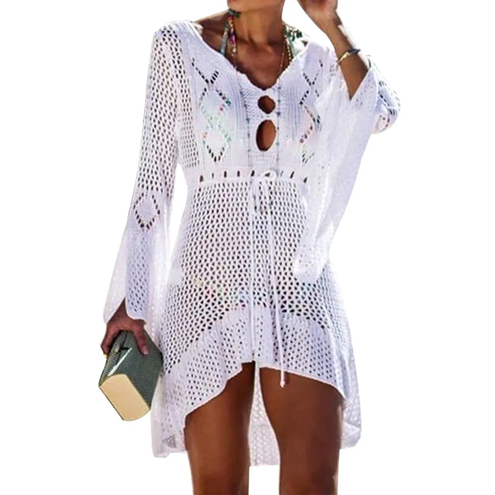 2020 Sexy Crochet Knitted Beach Cover up Tassel Tie Beachwear Tunic Long Pareos Summer Swimsuit See-through Beach Dress Bikini