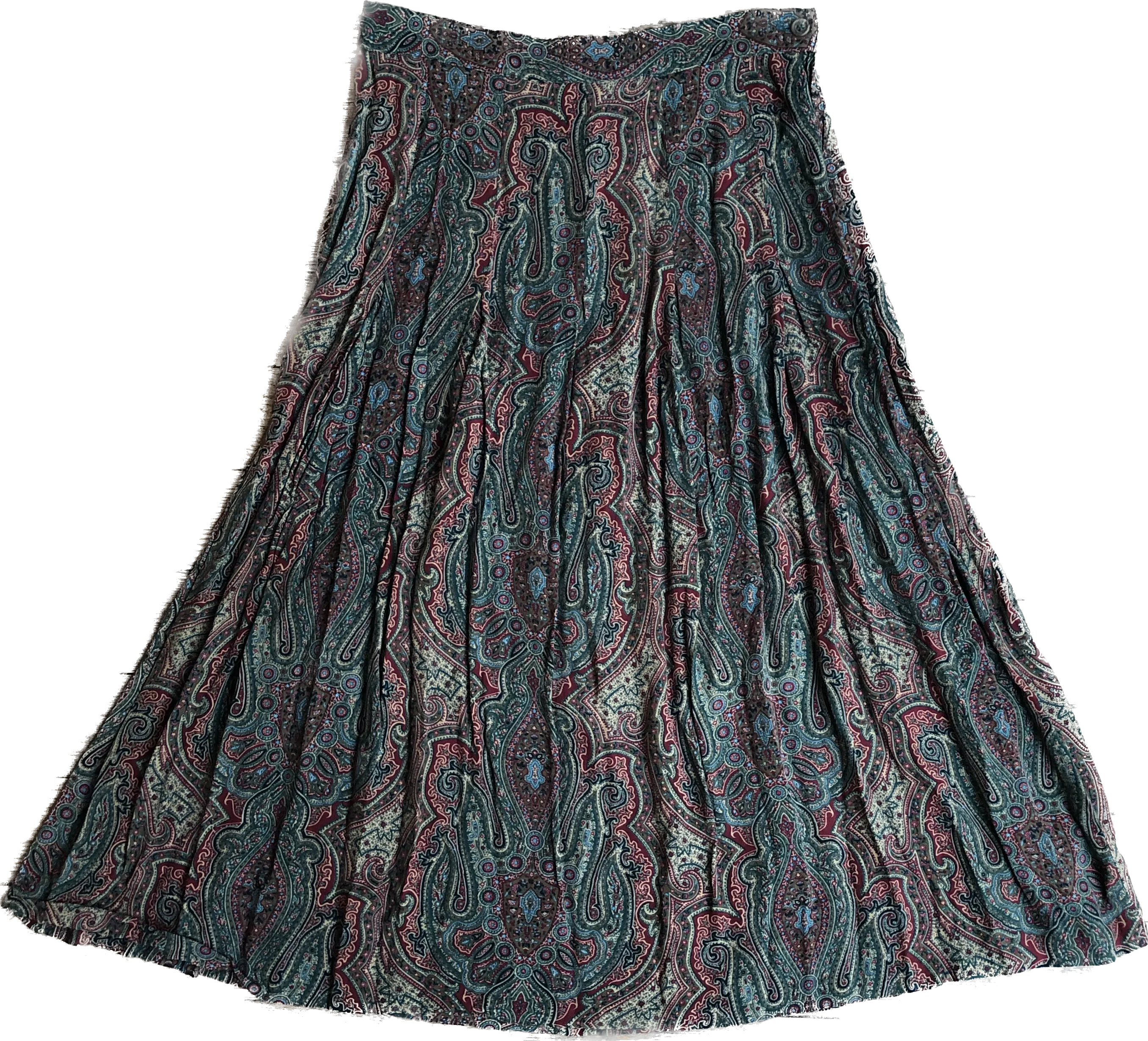 90s JG HOOK Green & Red Paisley Midi Skirt     W29