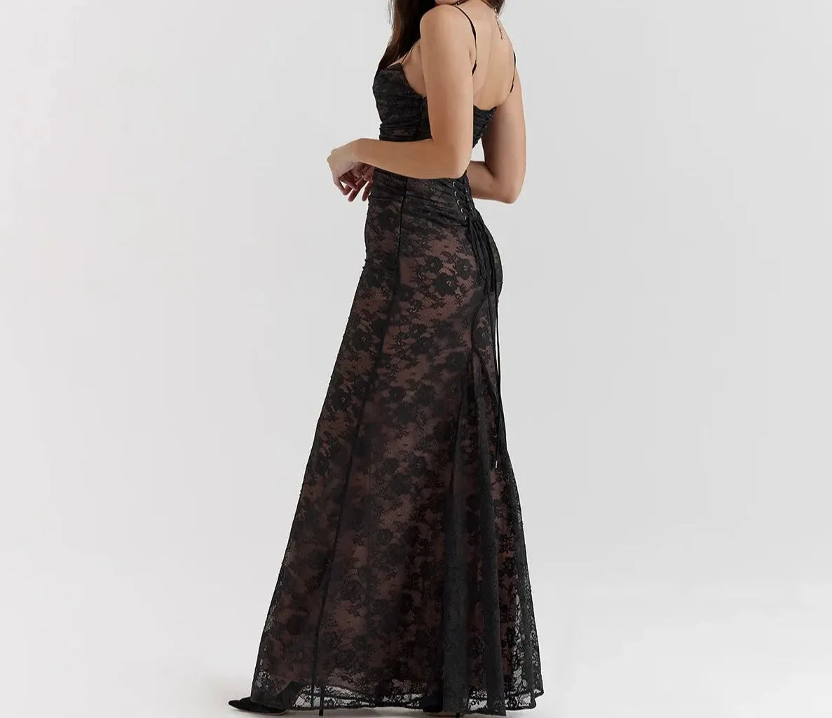 A&A Long Lace Maxi Black Lace Up Elegant Two Piece Event Dress