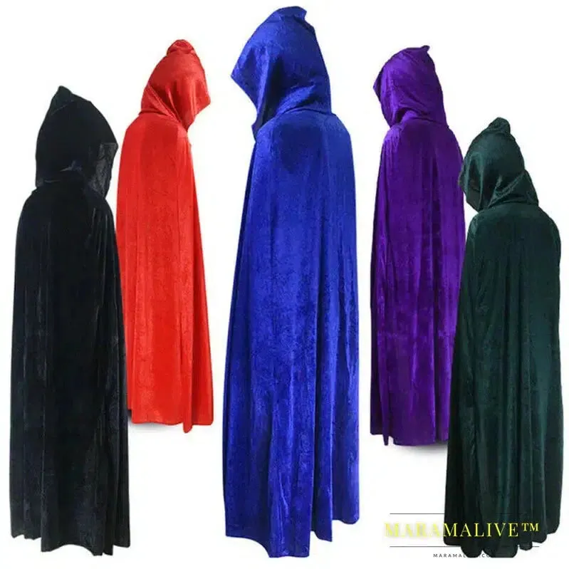 Adult Party Velvet Cloak Cape Hooded Medieval Costume Witch Vampire Cosplay Costumes Women Men Halloween Clothes Black 170cm