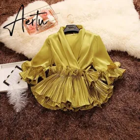 Aiertu Spring and Summer New Female Deep V-neck Ruffles Lace Up Stain Shirt Women's Three Quarter Sleeve Shirts Women Blouses