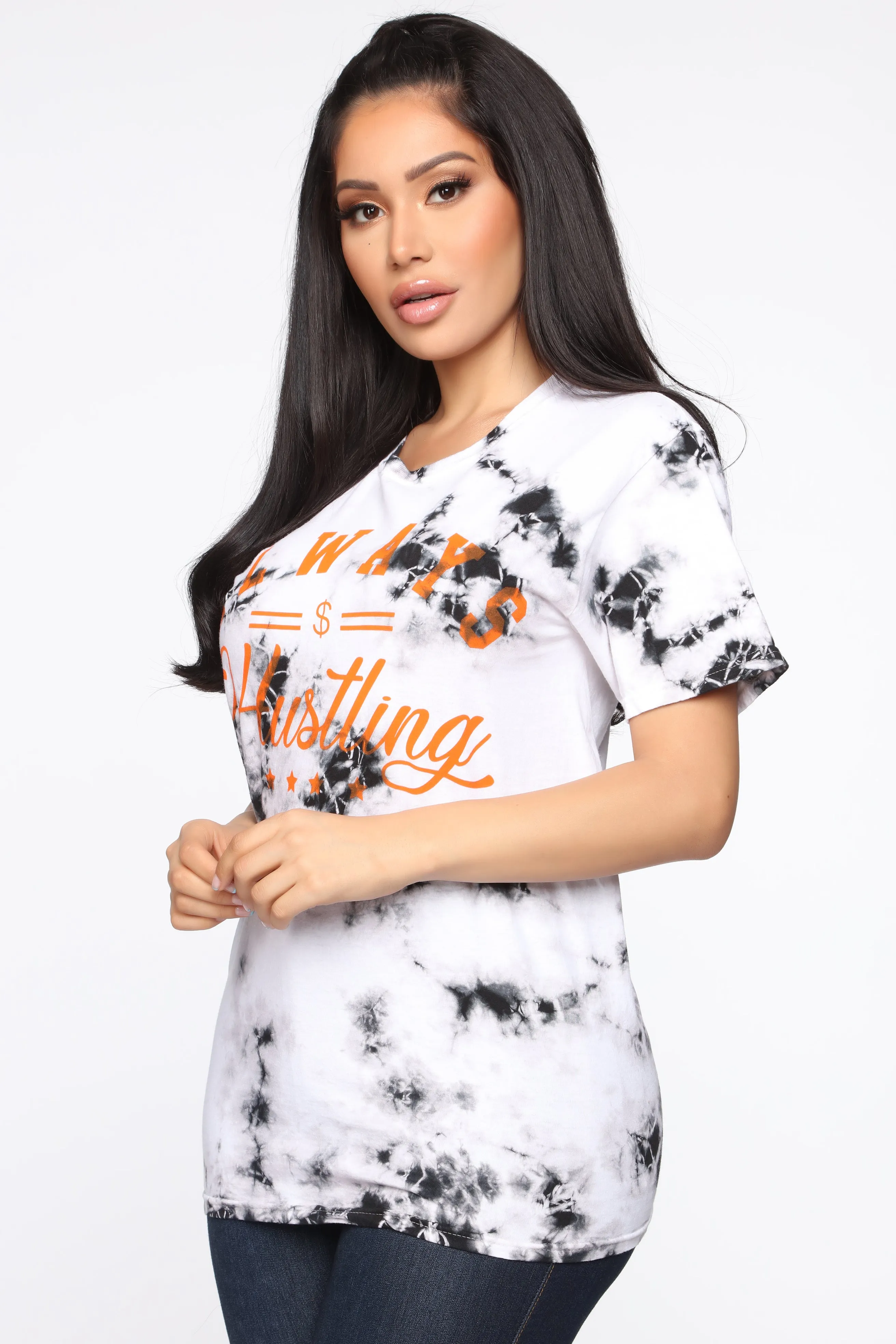 Always Hustling Tie Dye Tunic Top - White/Black