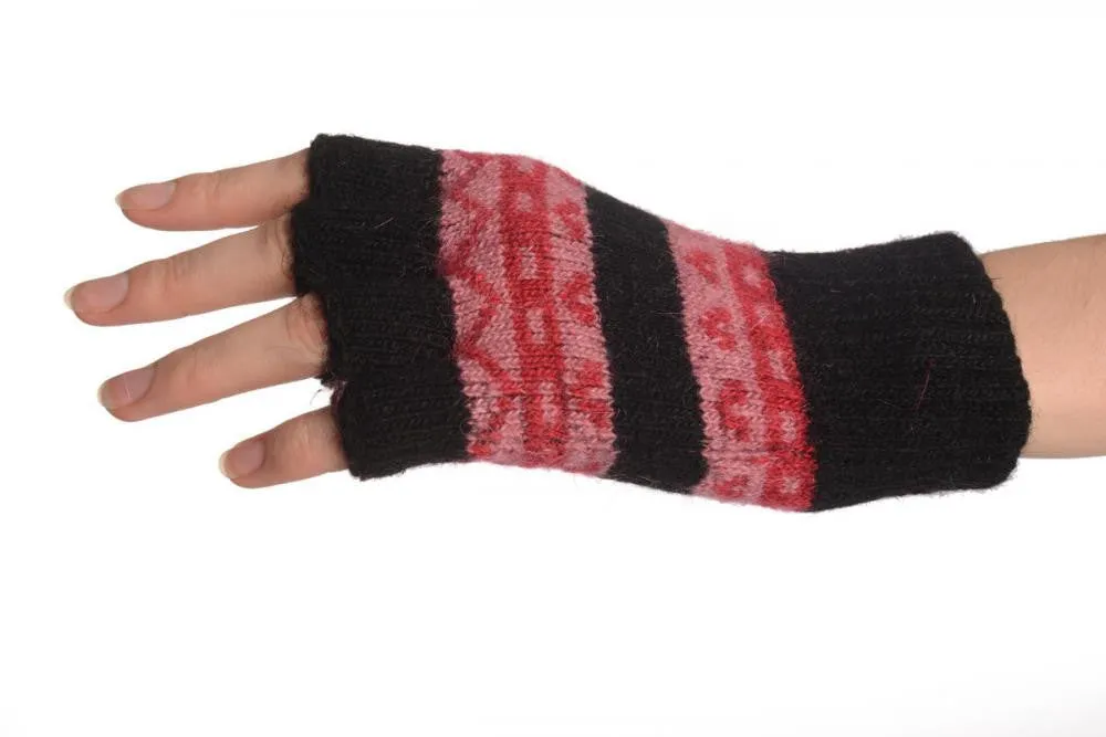 Angora Black Fair Isle Knitted Fingerless Gloves