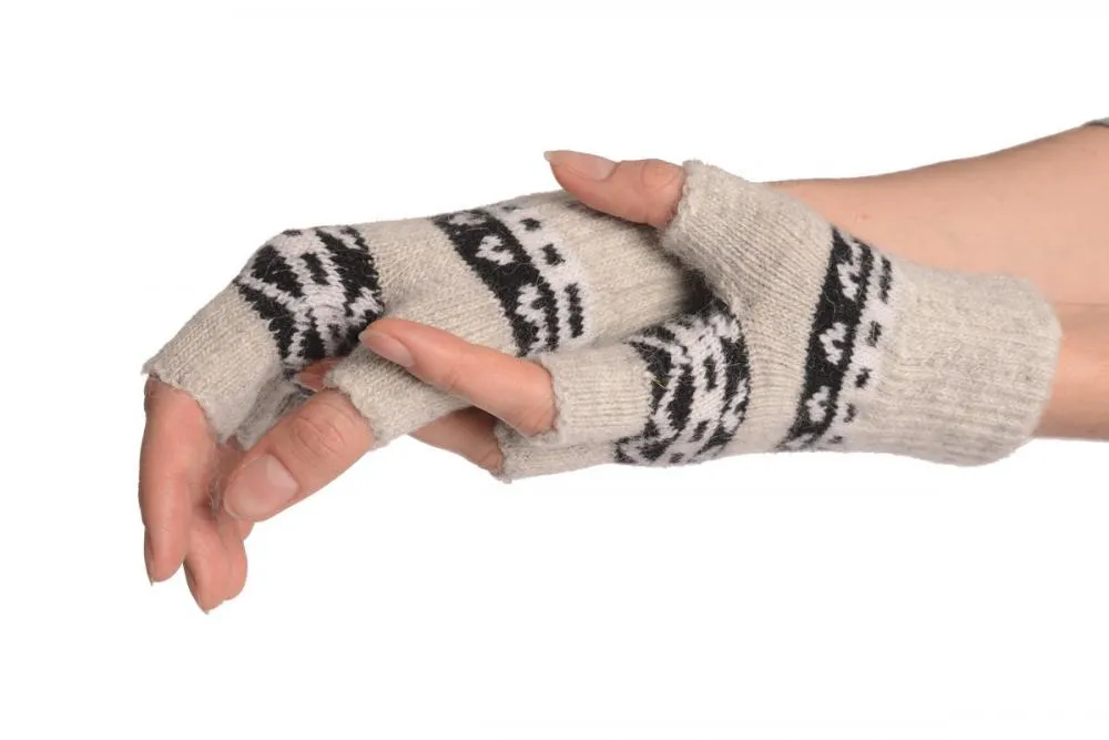 Angora Grey Fair Isle Knitted Fingerless Gloves