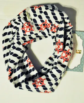 Baby/Toddler nautical infinity scarf, soft baby scarf, trendy baby scarf, ship wheel infinity baby scarf, blue and white nautical scarf