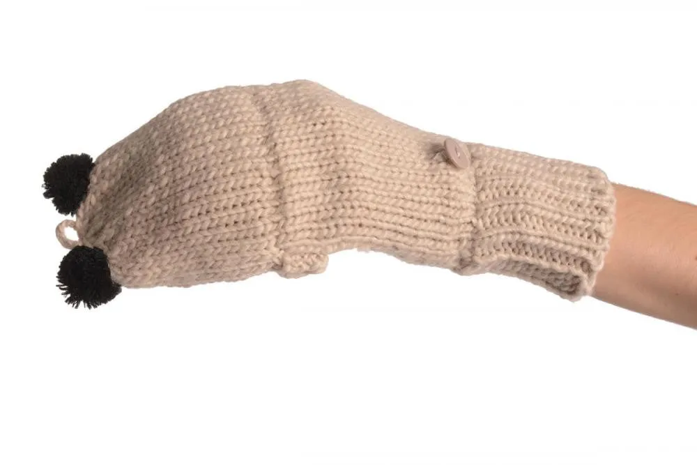 Bear Face Beige Knitted Fingerless Flip Gloves