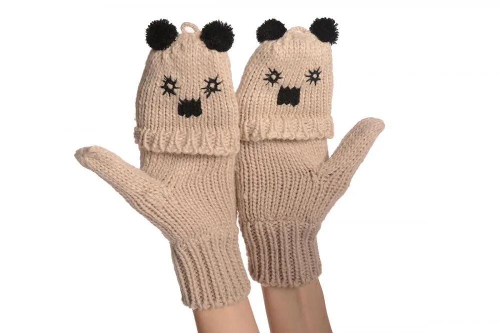 Bear Face Beige Knitted Fingerless Flip Gloves