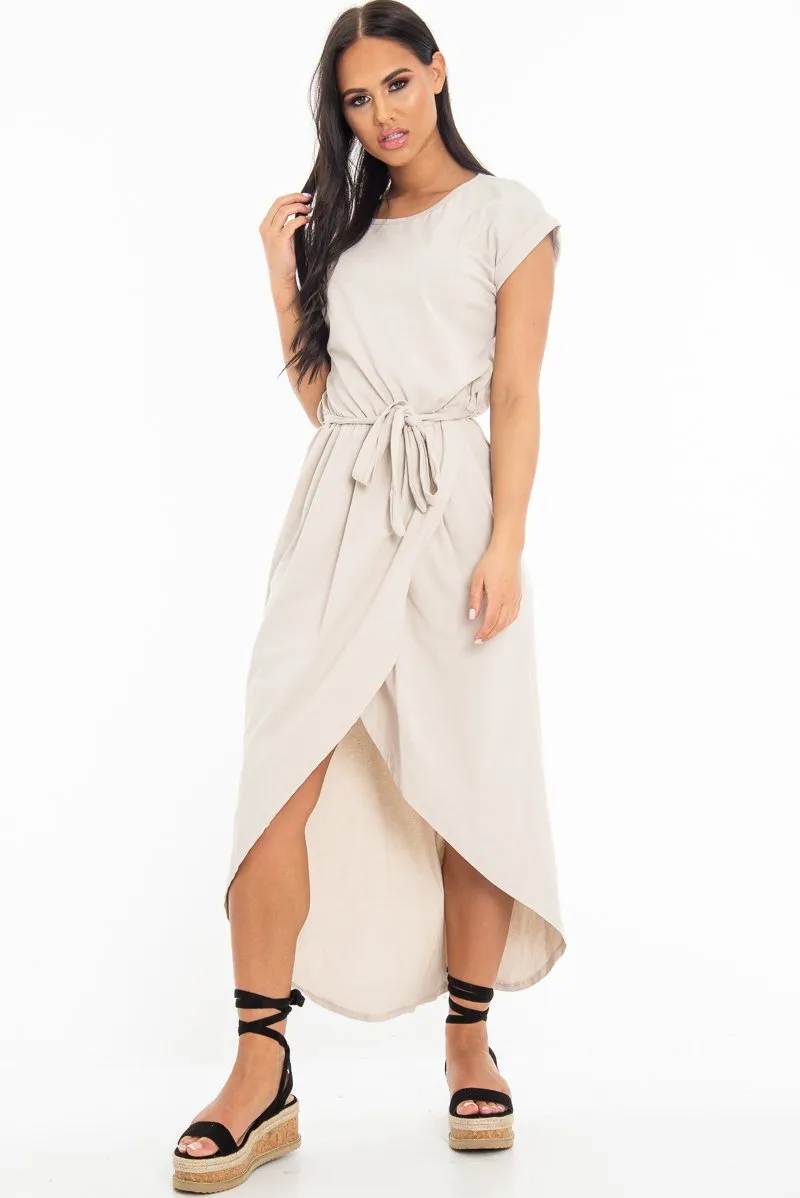 Beige Scoop Neck Belted Wrap Maxi Dress - Allie