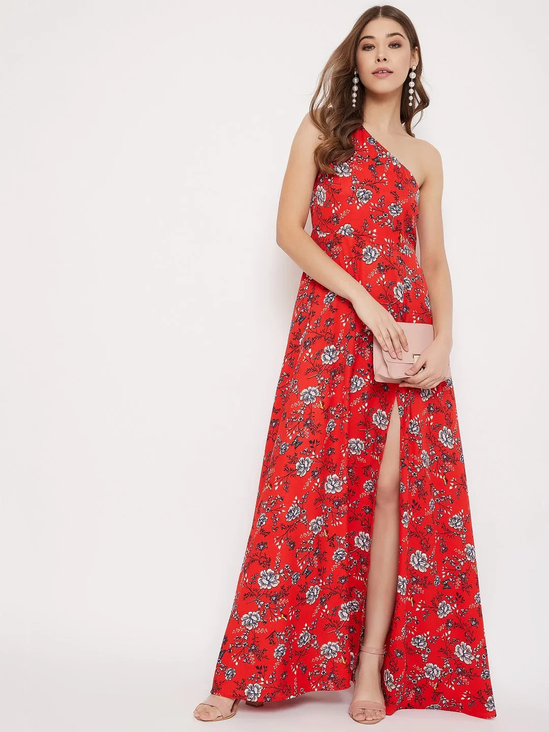 Berrylush Women Red & White Floral Printed One-Shoulder Neck Thigh-High Slit Flared Maxi Dress