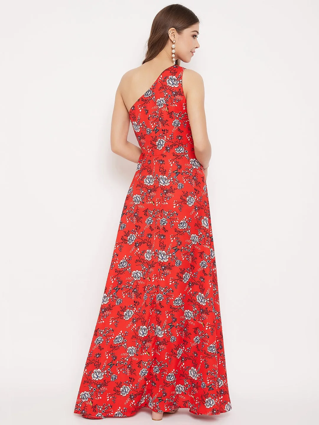 Berrylush Women Red & White Floral Printed One-Shoulder Neck Thigh-High Slit Flared Maxi Dress