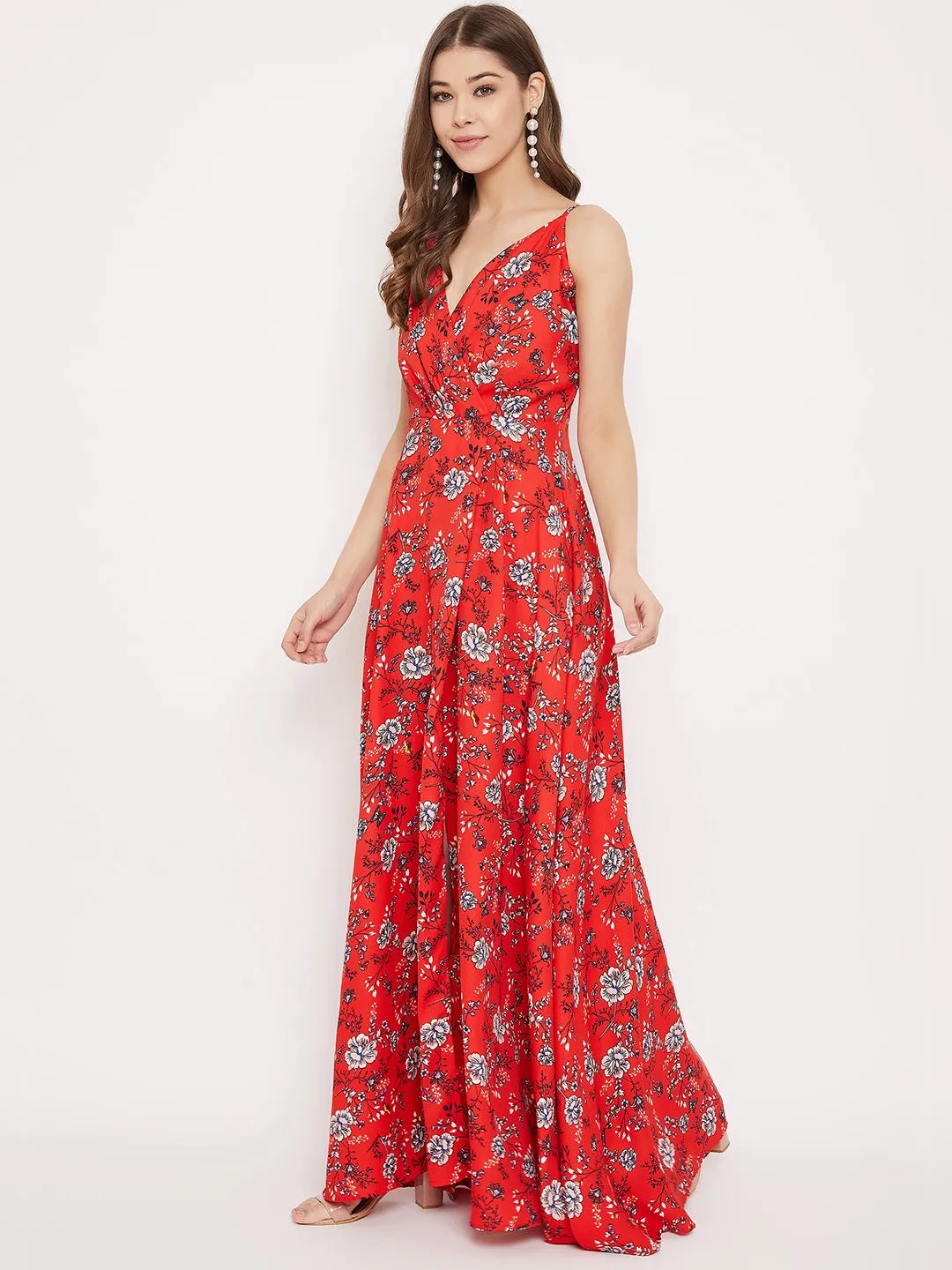 Berrylush Women Red & White Floral Printed V-Neck Thigh-High Slit Flared Maxi Dress