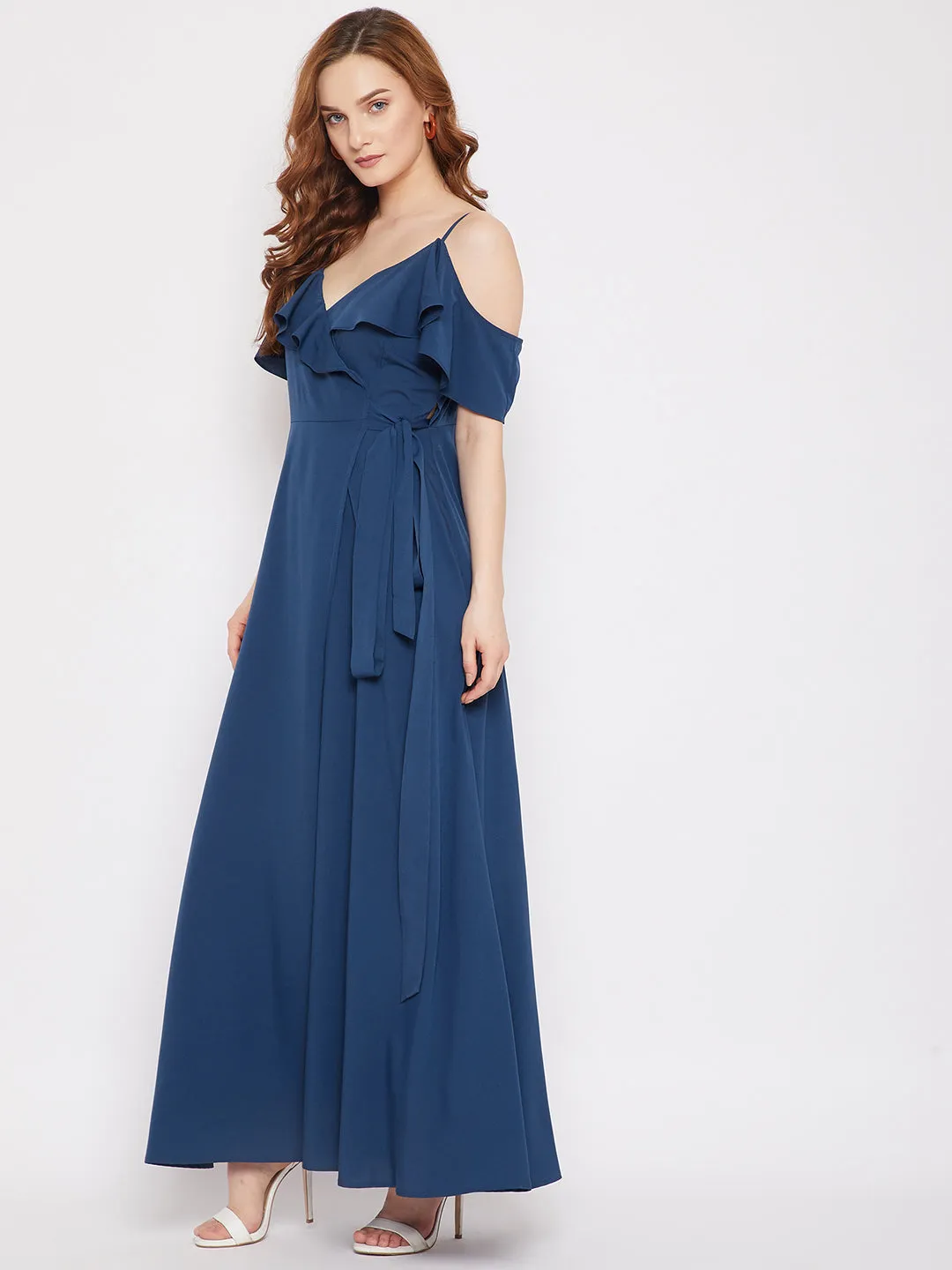 Berrylush Women Solid Blue V-Neck Cold-Shoulder Thigh-High Slit Ruffled Maxi Dress