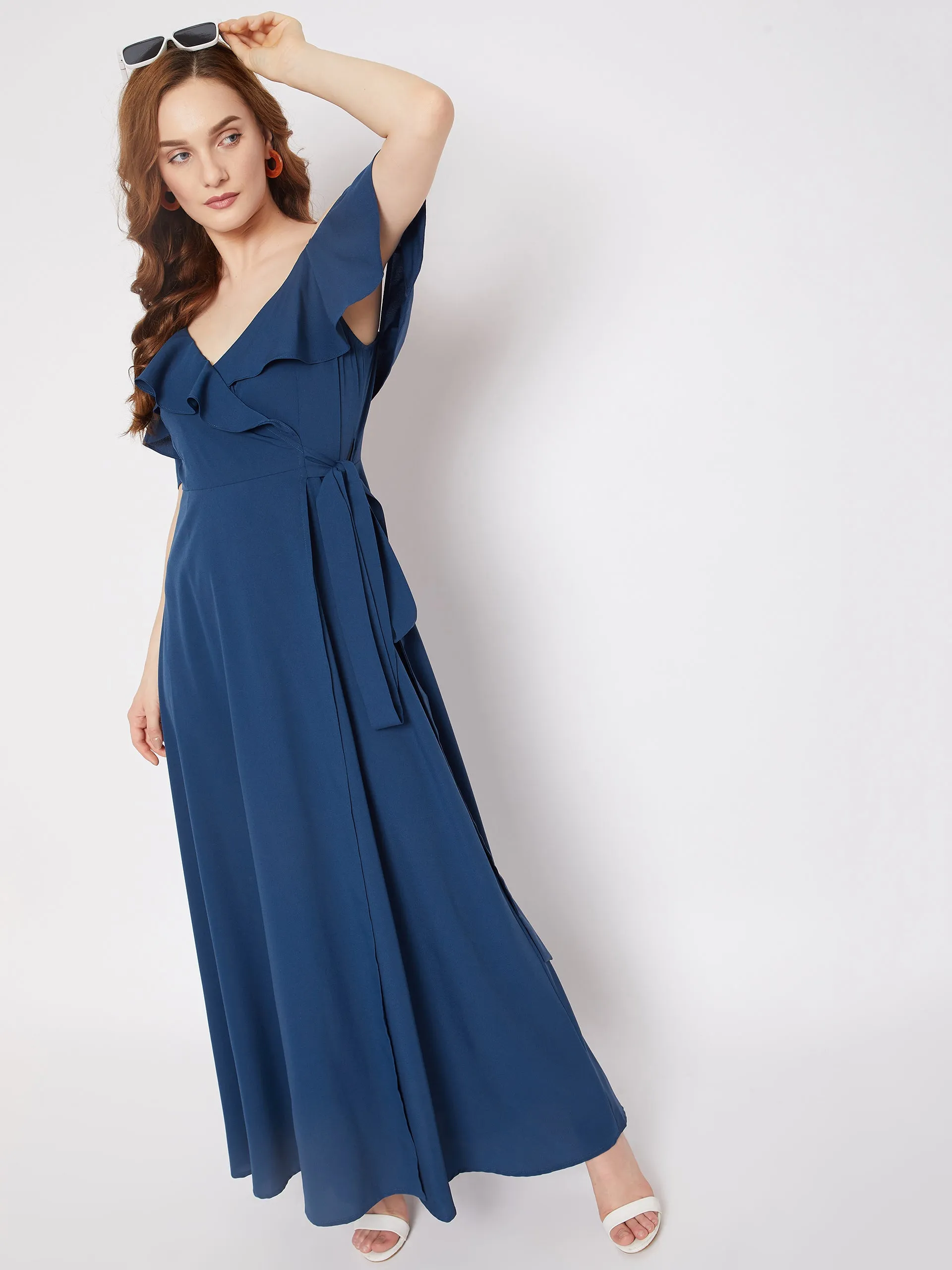 Berrylush Women Solid Blue V-Neck Cold-Shoulder Thigh-High Slit Ruffled Maxi Dress