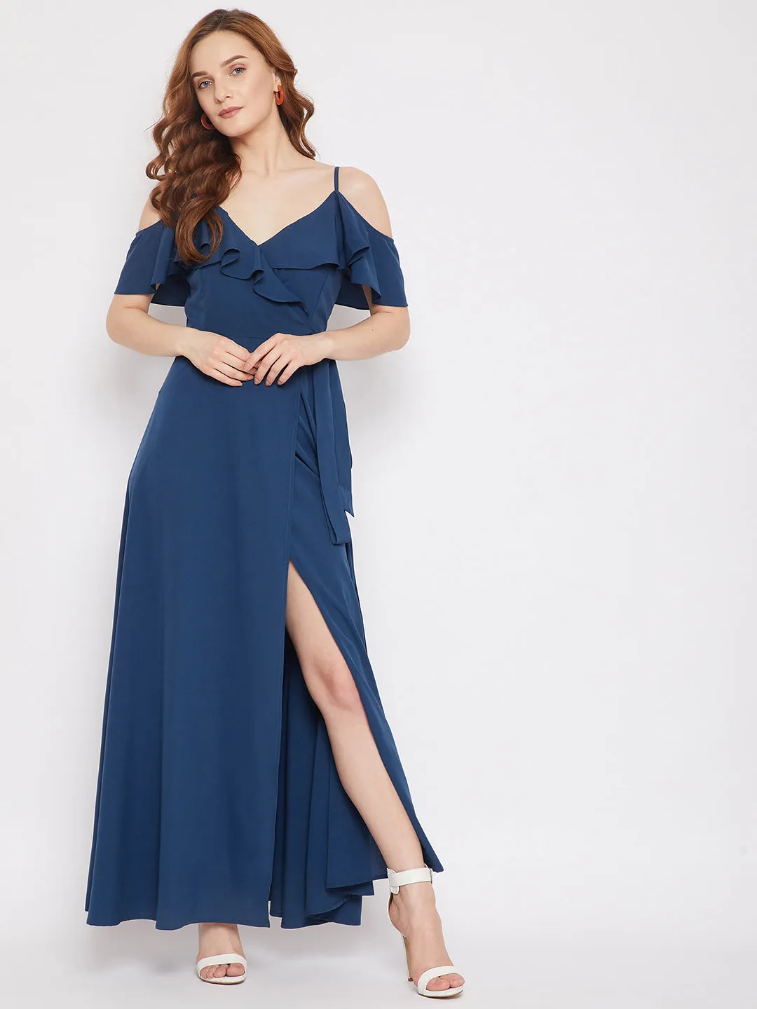 Berrylush Women Solid Blue V-Neck Cold-Shoulder Thigh-High Slit Ruffled Maxi Dress