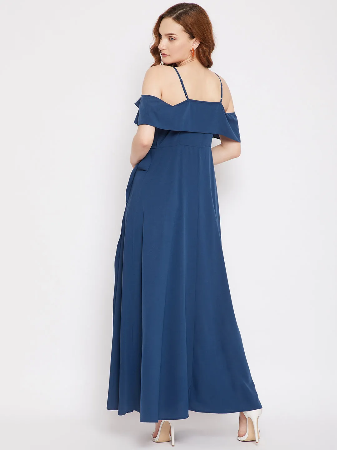 Berrylush Women Solid Blue V-Neck Cold-Shoulder Thigh-High Slit Ruffled Maxi Dress