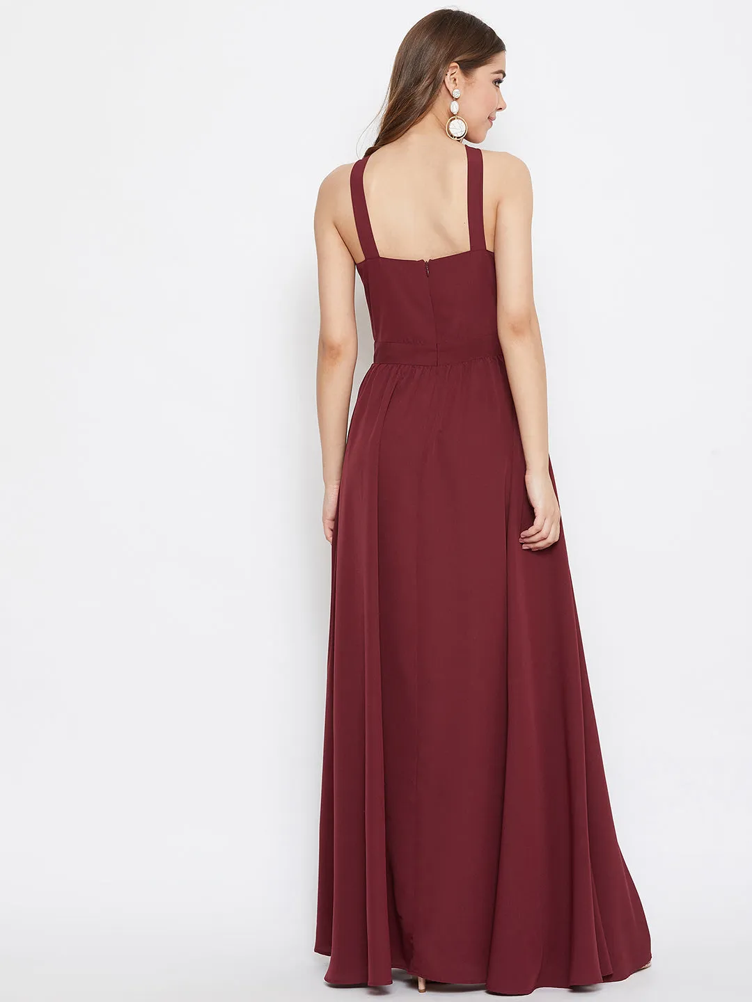 Berrylush Women Solid Maroon Halter Neck Flared Maxi Dress