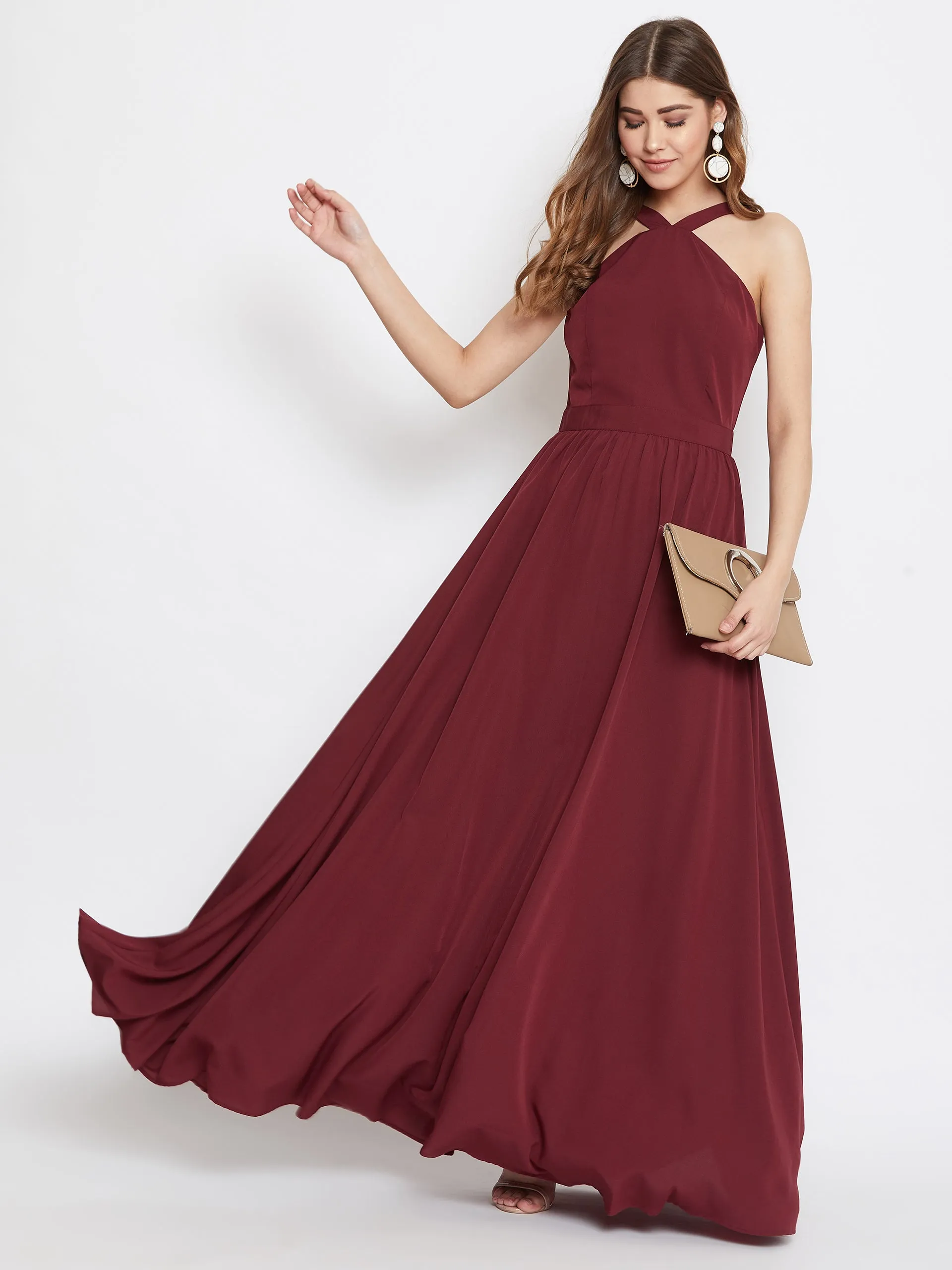 Berrylush Women Solid Maroon Halter Neck Flared Maxi Dress