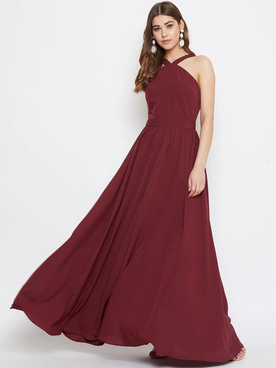 Berrylush Women Solid Maroon Halter Neck Flared Maxi Dress