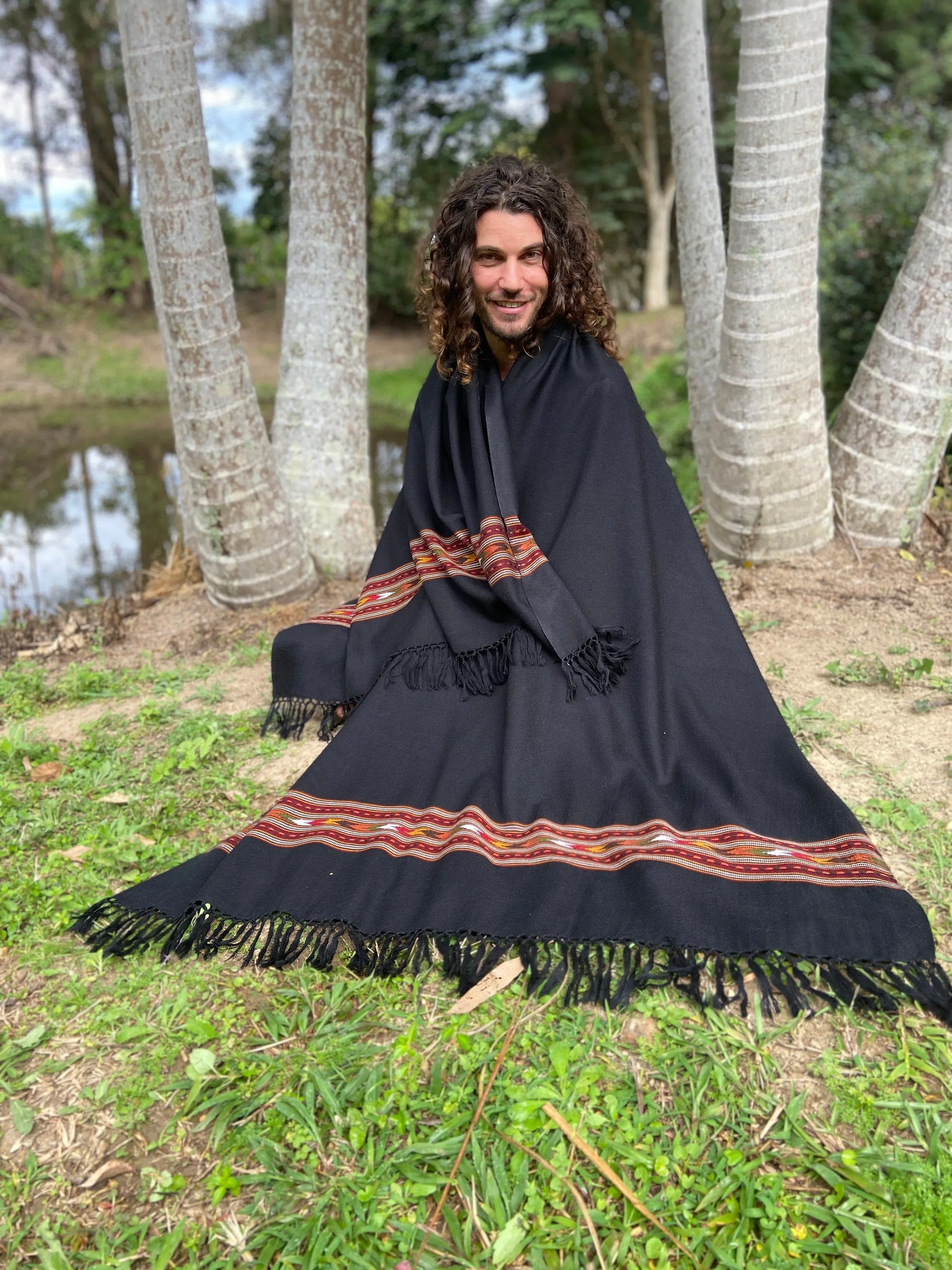 BHAVA Shawl Black Handwoven Wool Meditation Prayer Scarf Blanket Premium Pure Cashmere Tibetan Winter Tribal Zen Embroidery Boho AJJAYA