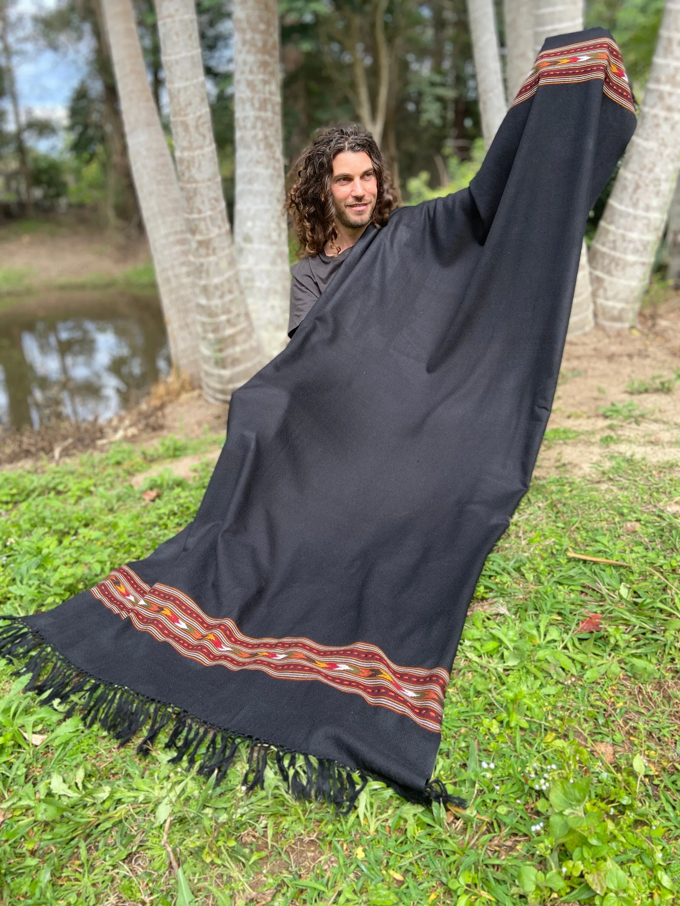 BHAVA Shawl Black Handwoven Wool Meditation Prayer Scarf Blanket Premium Pure Cashmere Tibetan Winter Tribal Zen Embroidery Boho AJJAYA