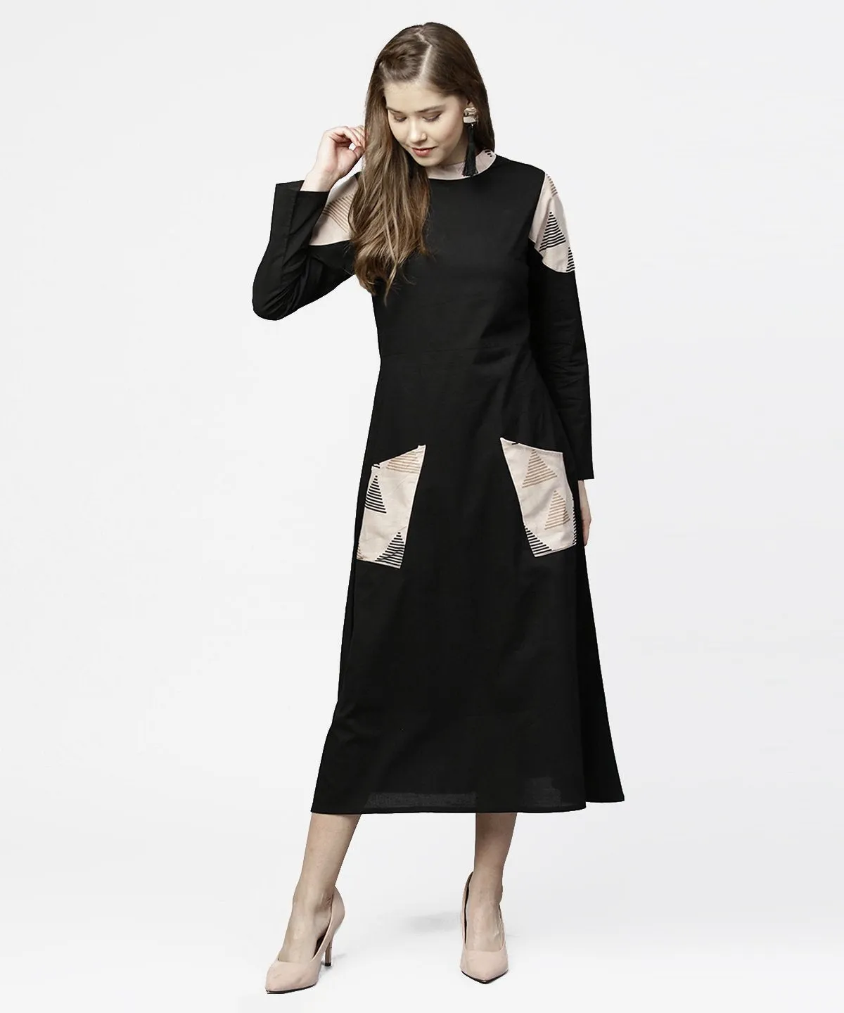 Black 3/4Th Sleeve Cotton Maxi Dress With Double Pocket