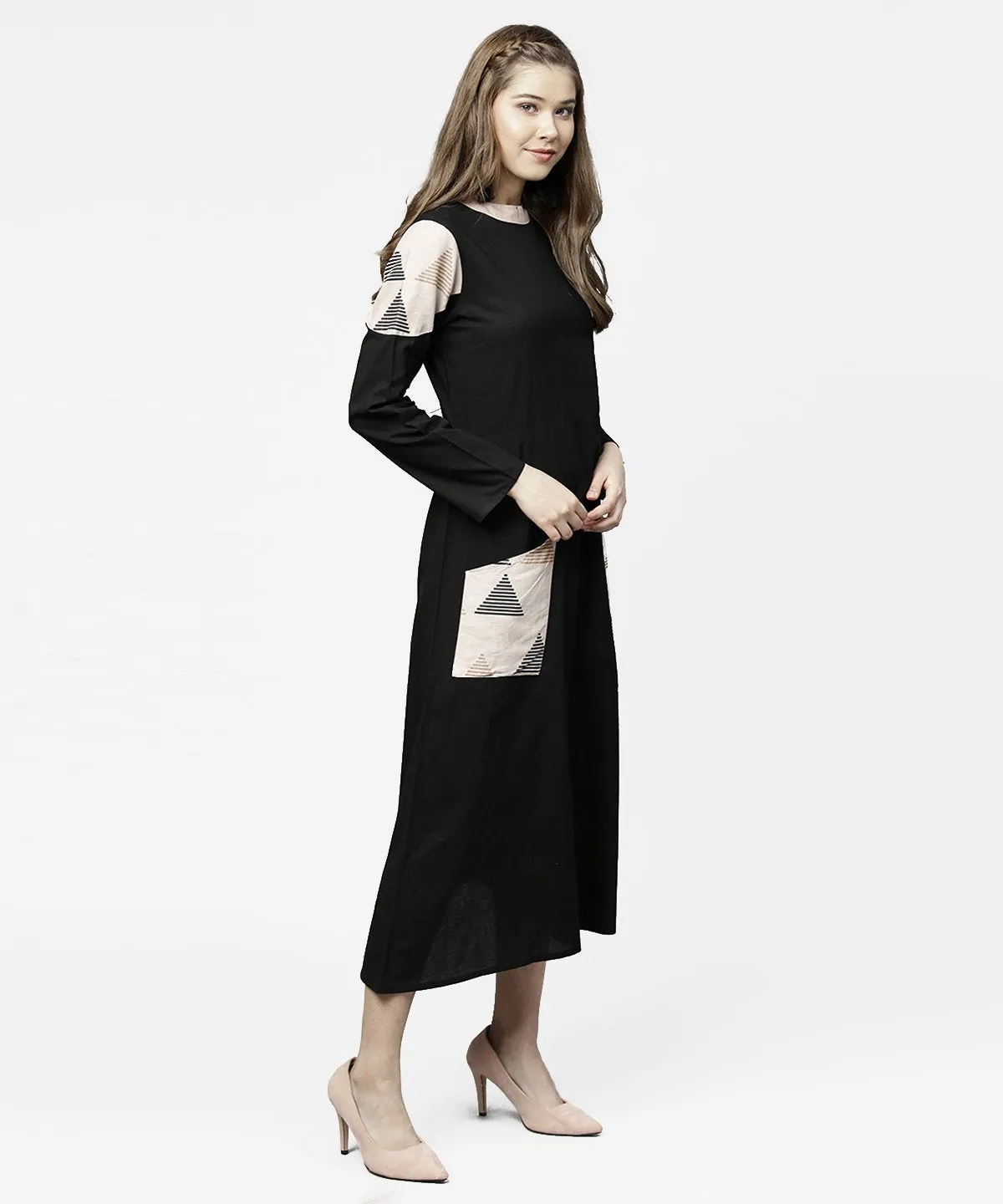 Black 3/4Th Sleeve Cotton Maxi Dress With Double Pocket