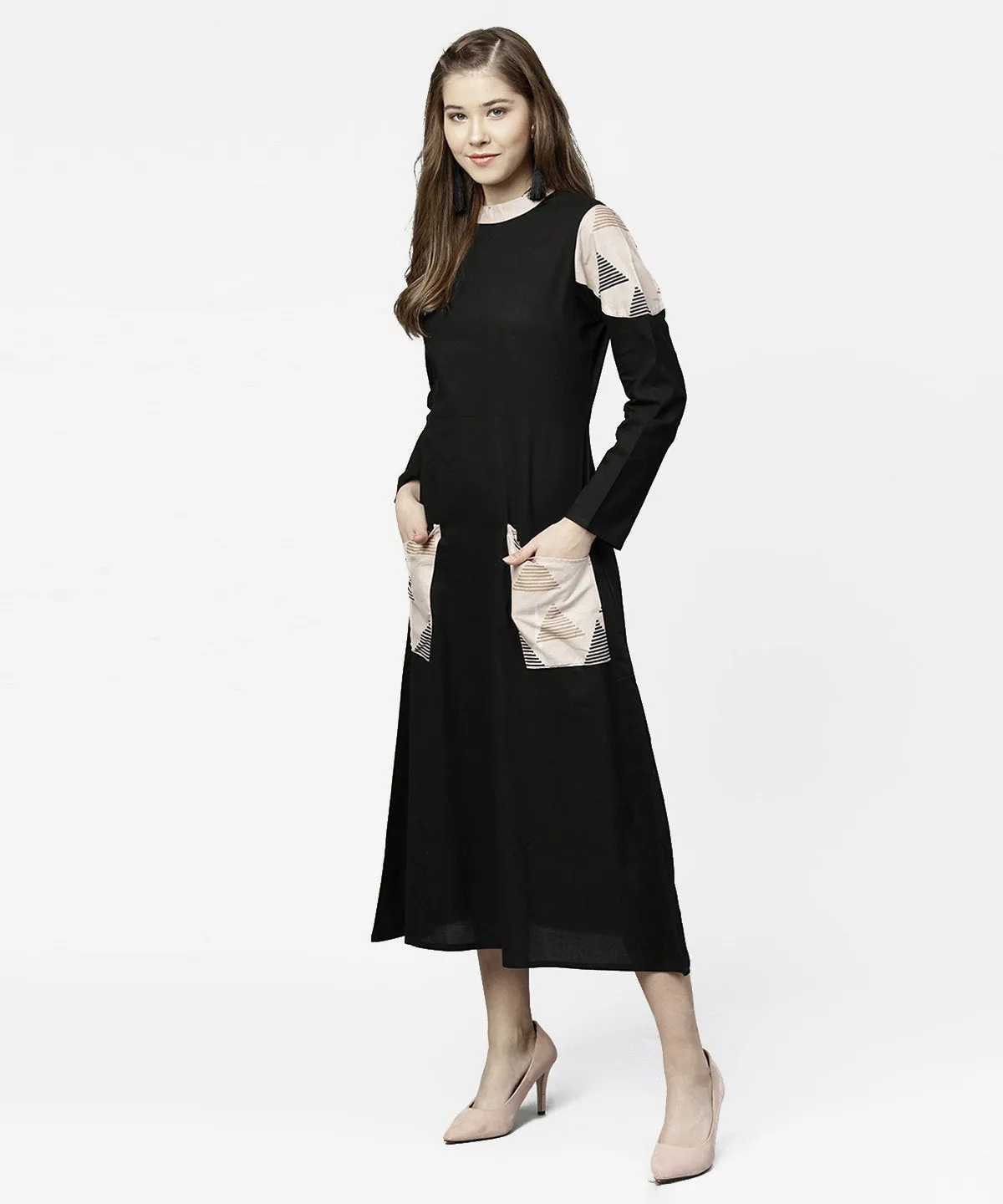 Black 3/4Th Sleeve Cotton Maxi Dress With Double Pocket