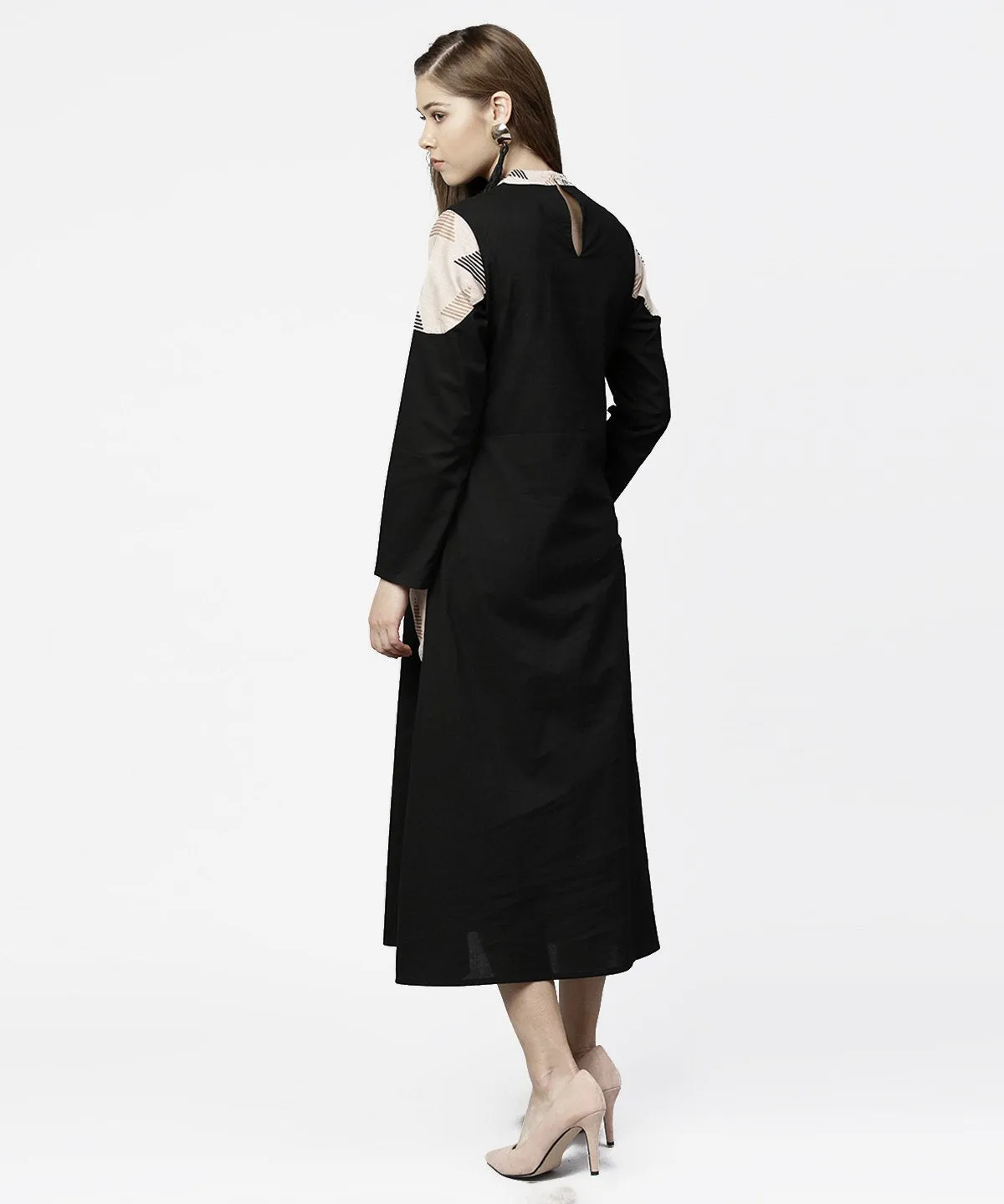 Black 3/4Th Sleeve Cotton Maxi Dress With Double Pocket