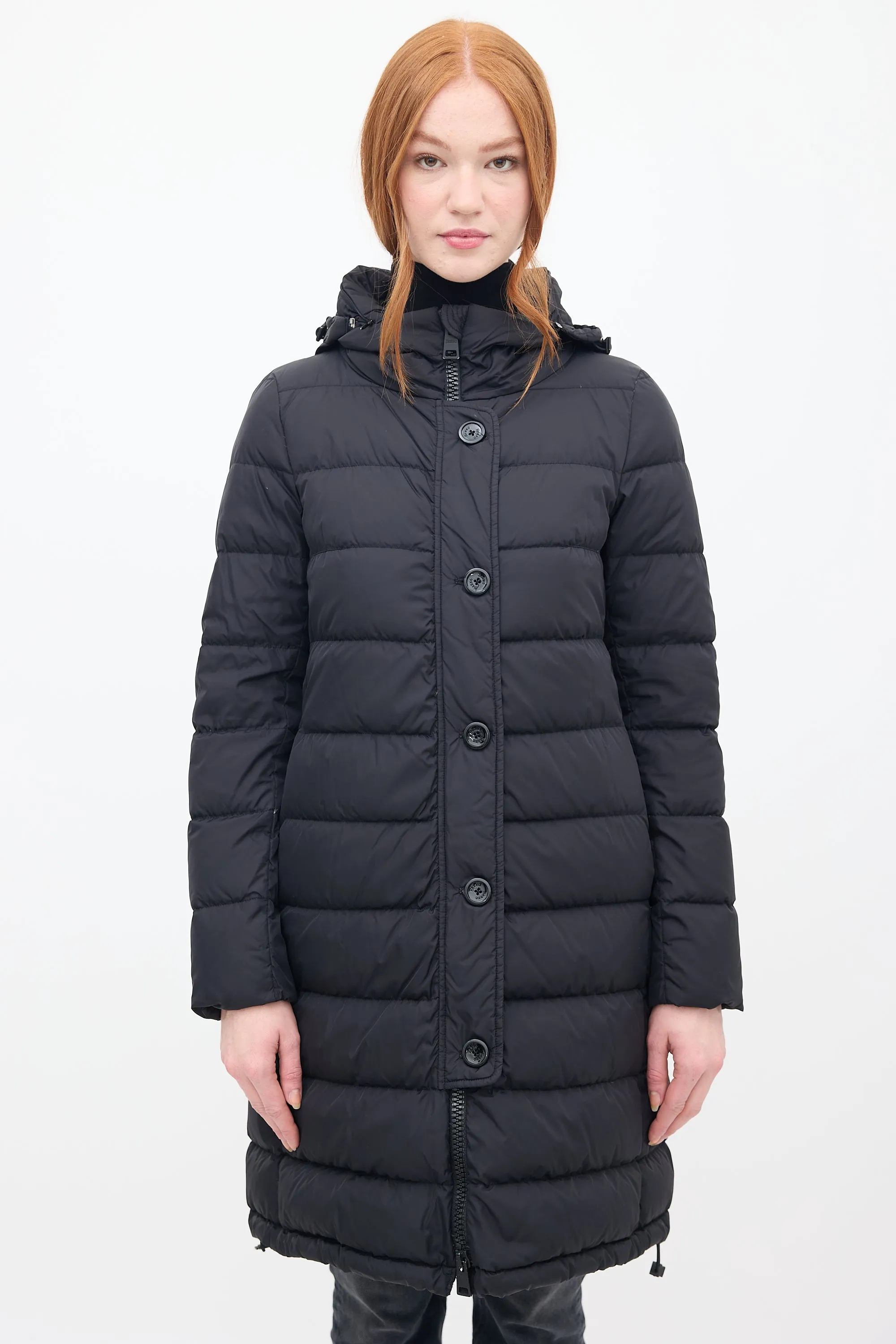 Black Down & Nylon Hooded Puffer Coat