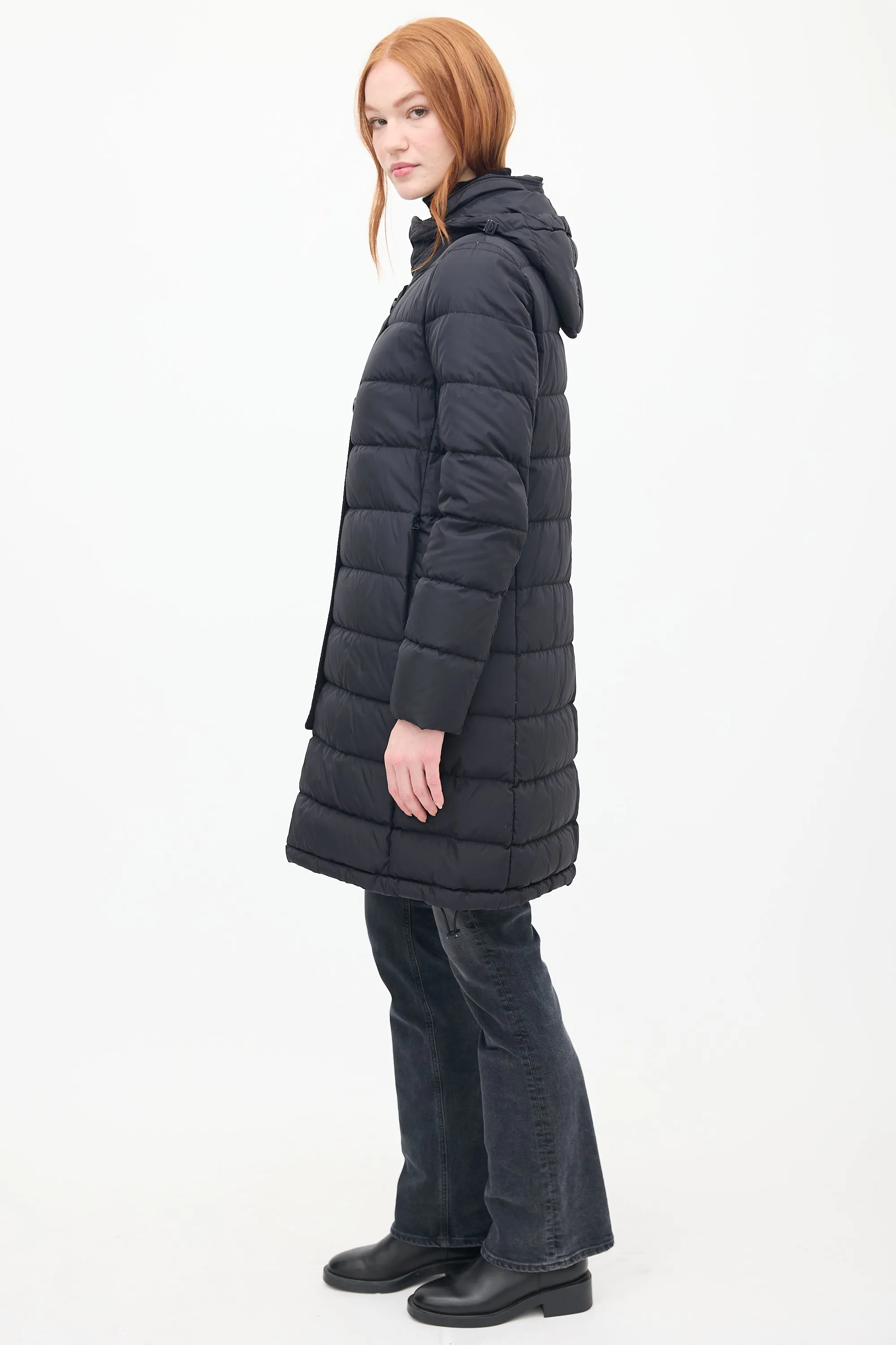 Black Down & Nylon Hooded Puffer Coat