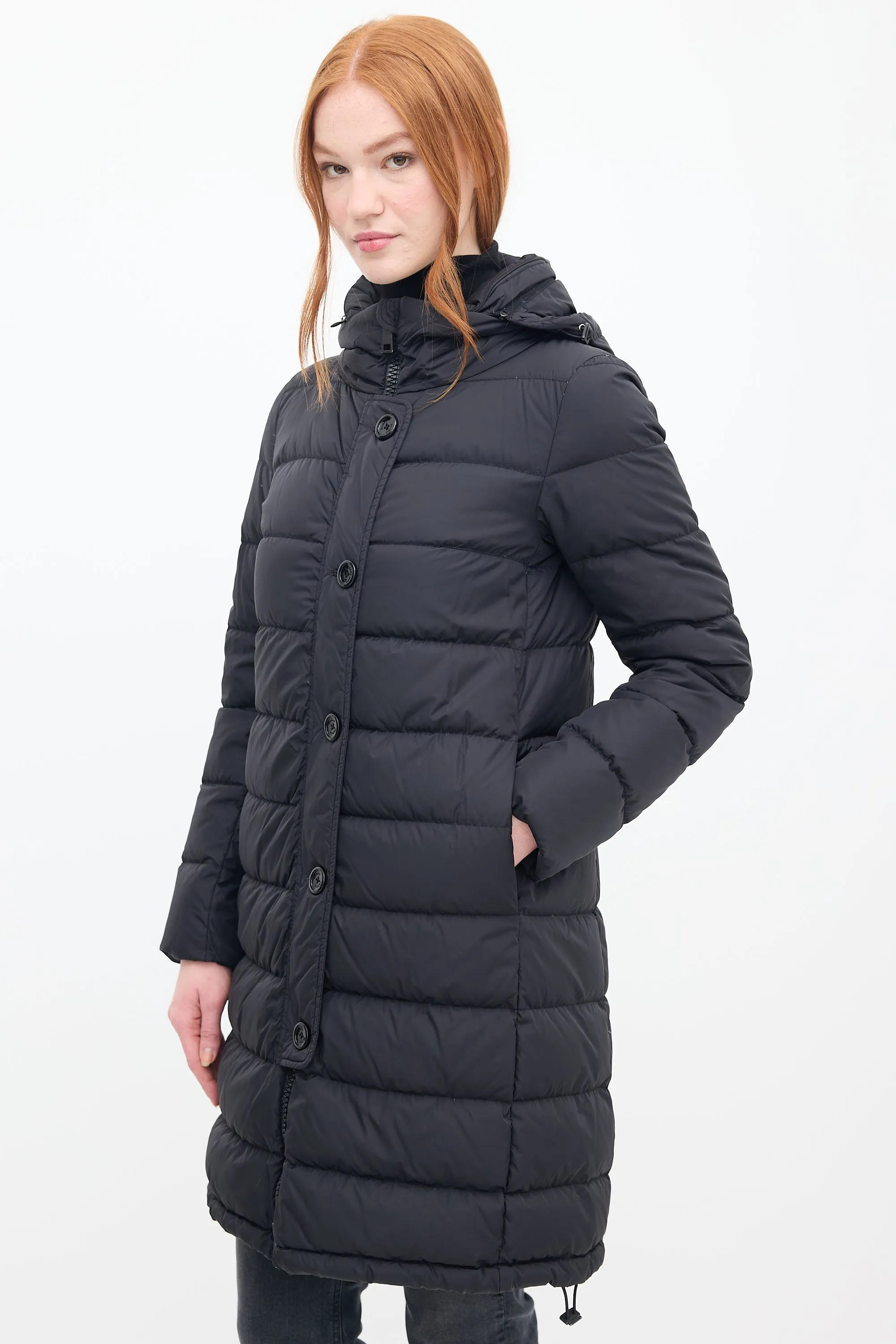 Black Down & Nylon Hooded Puffer Coat