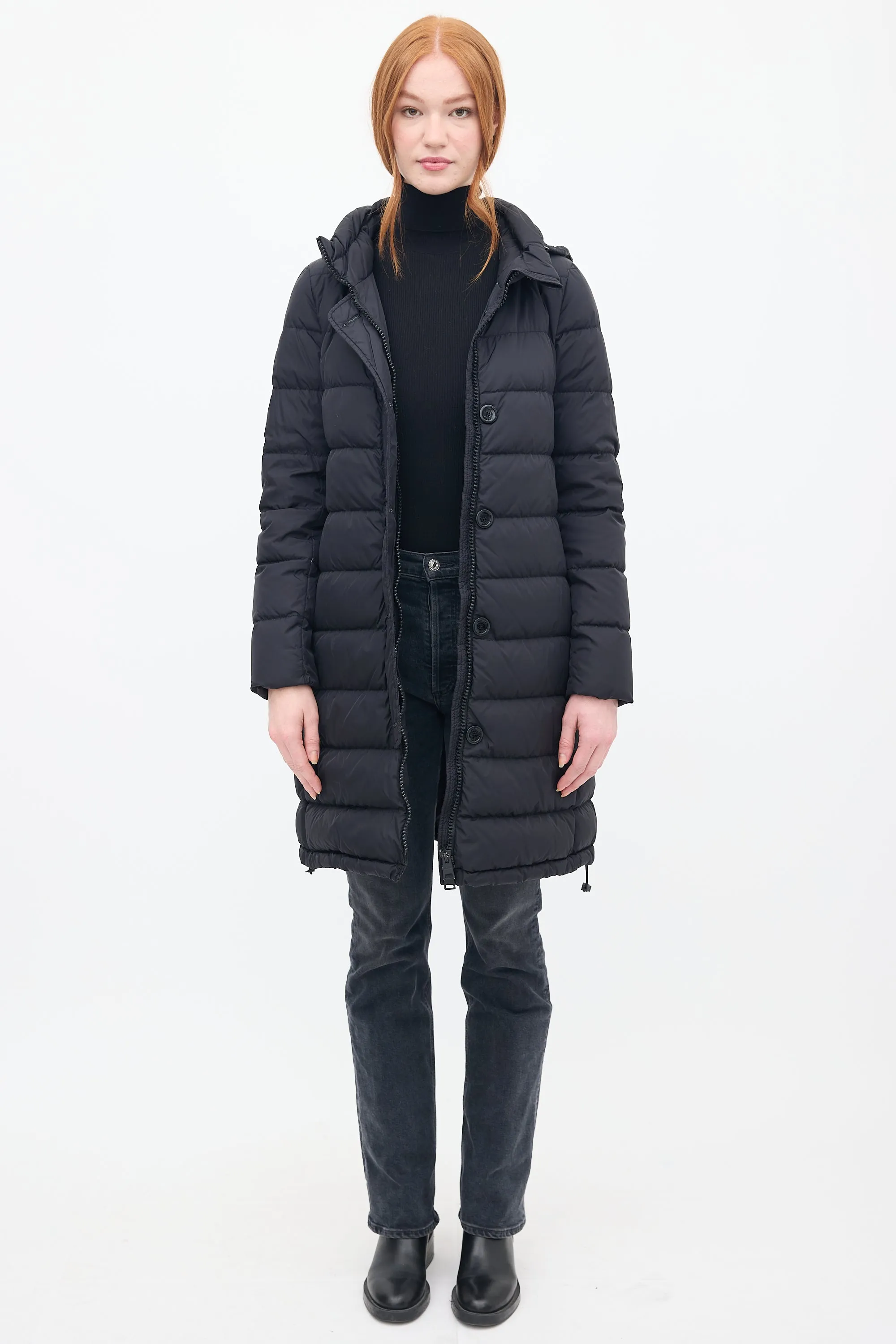 Black Down & Nylon Hooded Puffer Coat