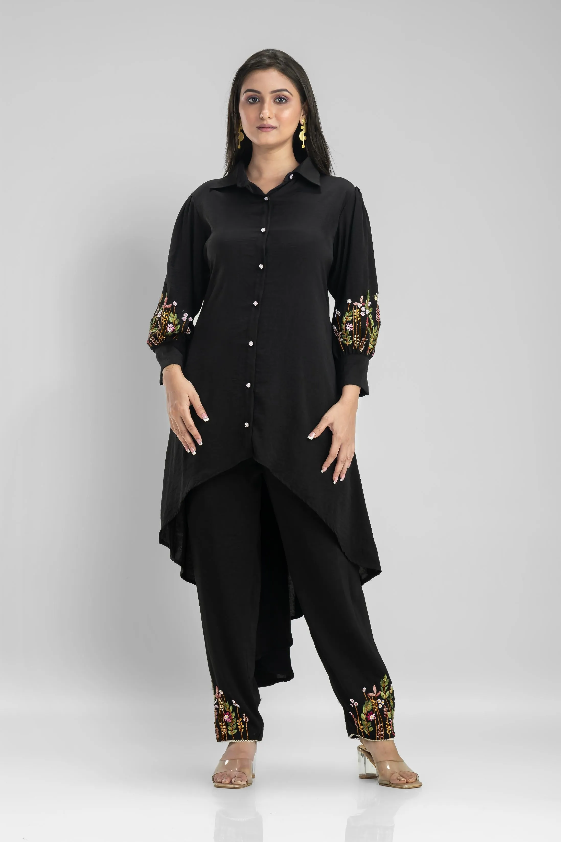 Black Embroidered German Silk Co-Ord Set