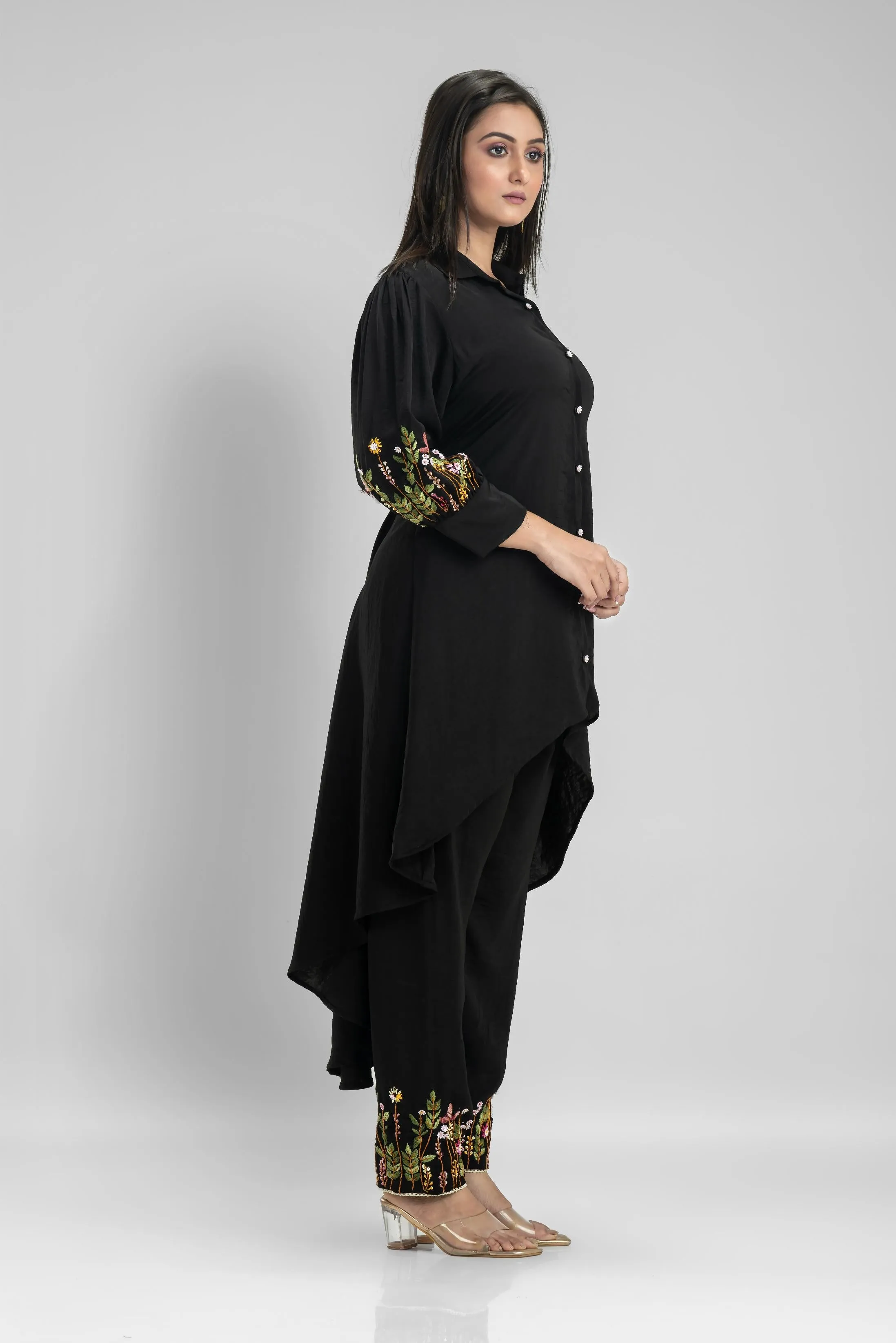 Black Embroidered German Silk Co-Ord Set