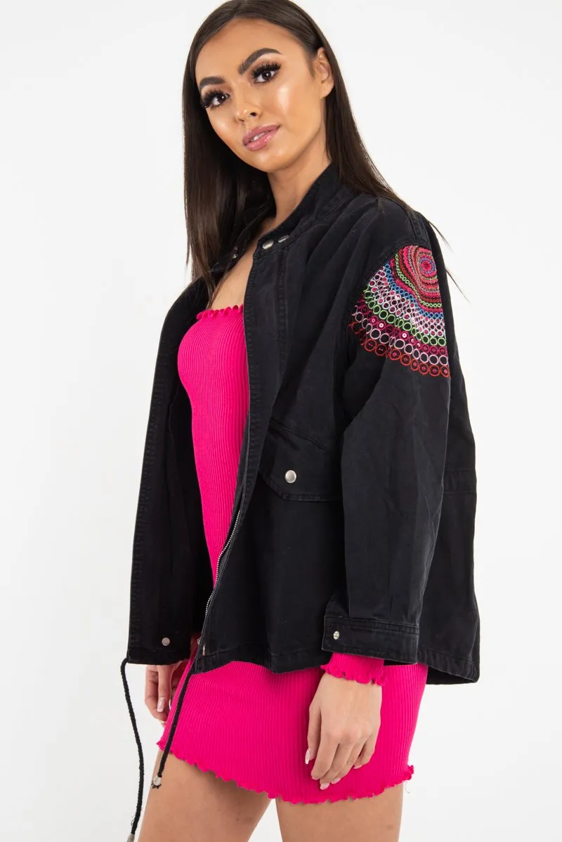 Black Embroidered Sequin Parka Denim Jacket - Laicee