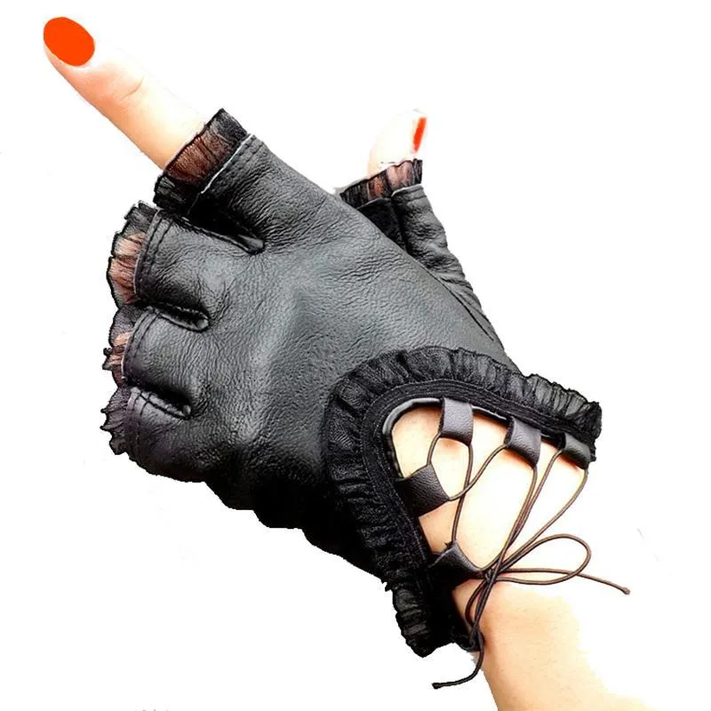 Black Half Finger Leather Sexy Gloves