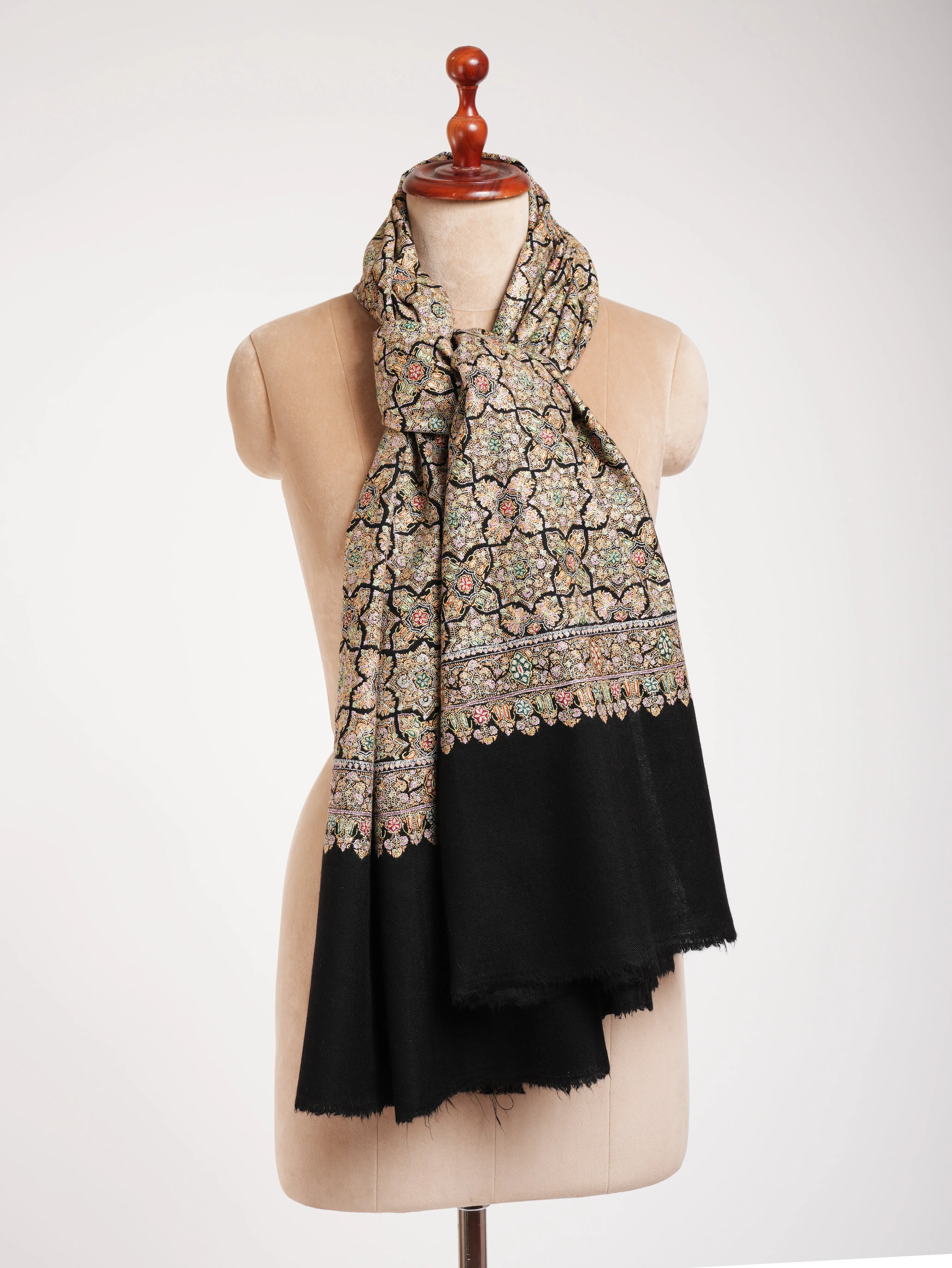 Black Hand Embroidered Geometric Pashmina Jamavar Shawl